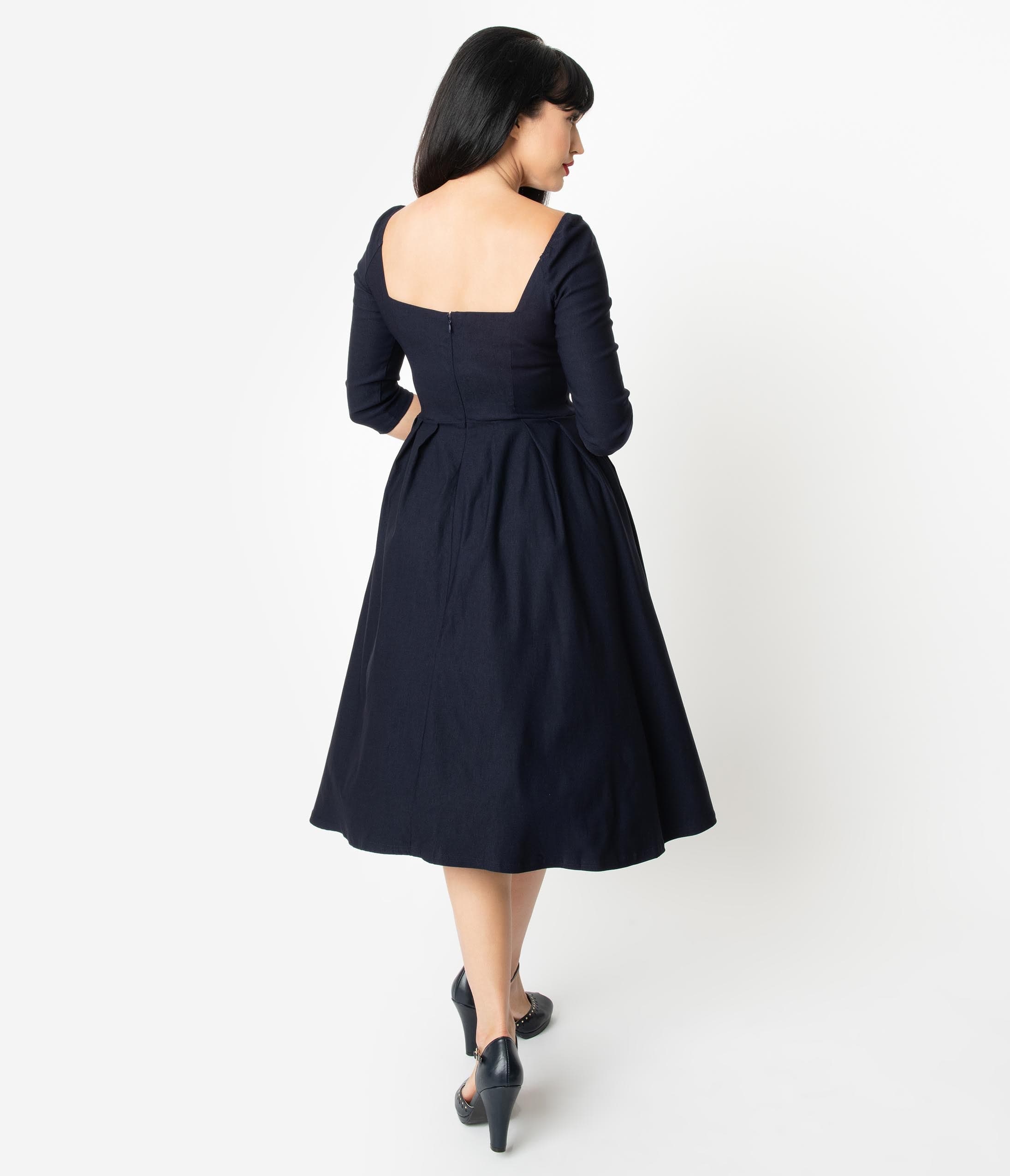 Unique Vintage 1950s Style Navy Sweetheart Lamar Swing Dress