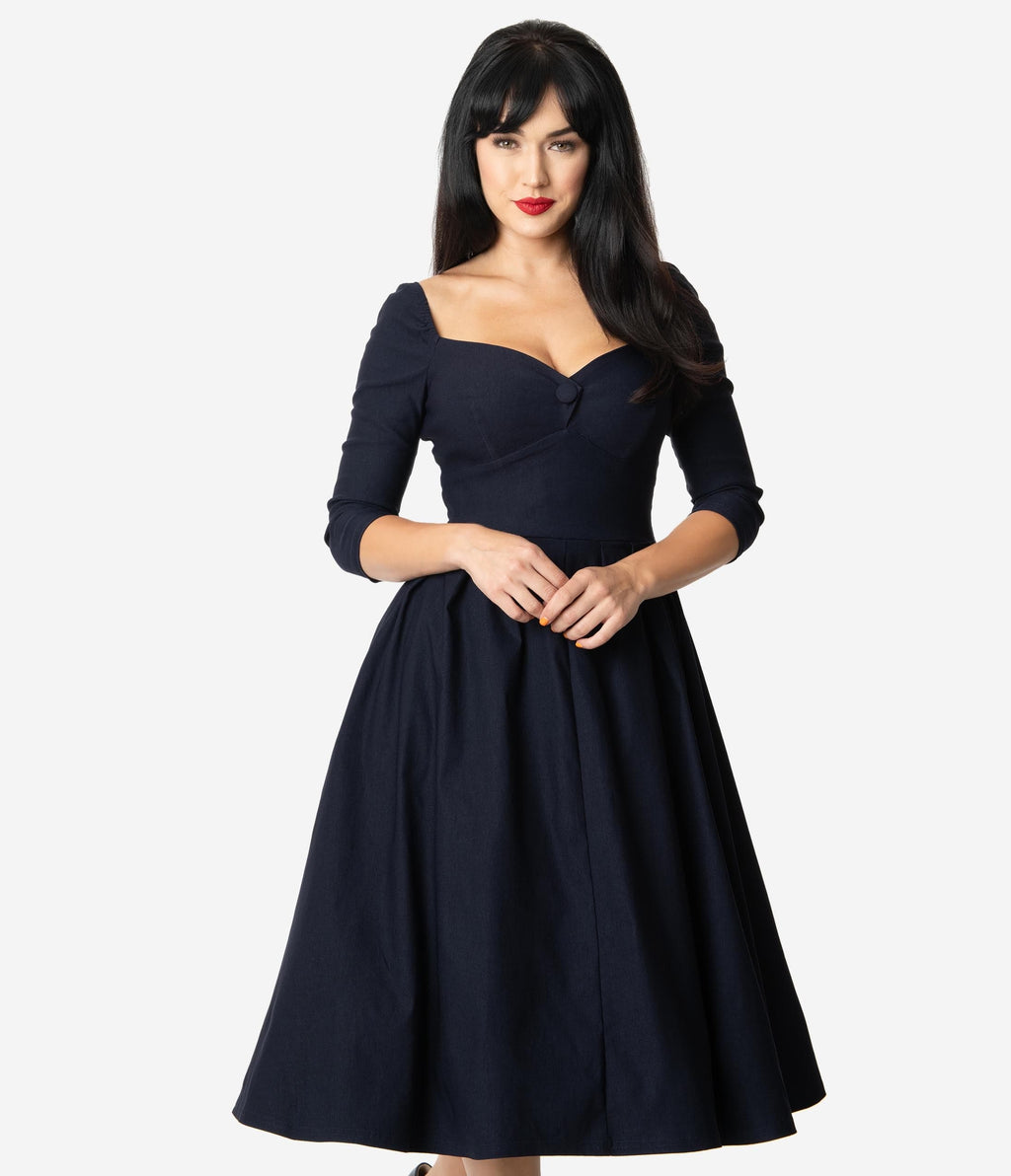 Unique Vintage 1950s Style Navy Sweetheart Lamar Swing Dress