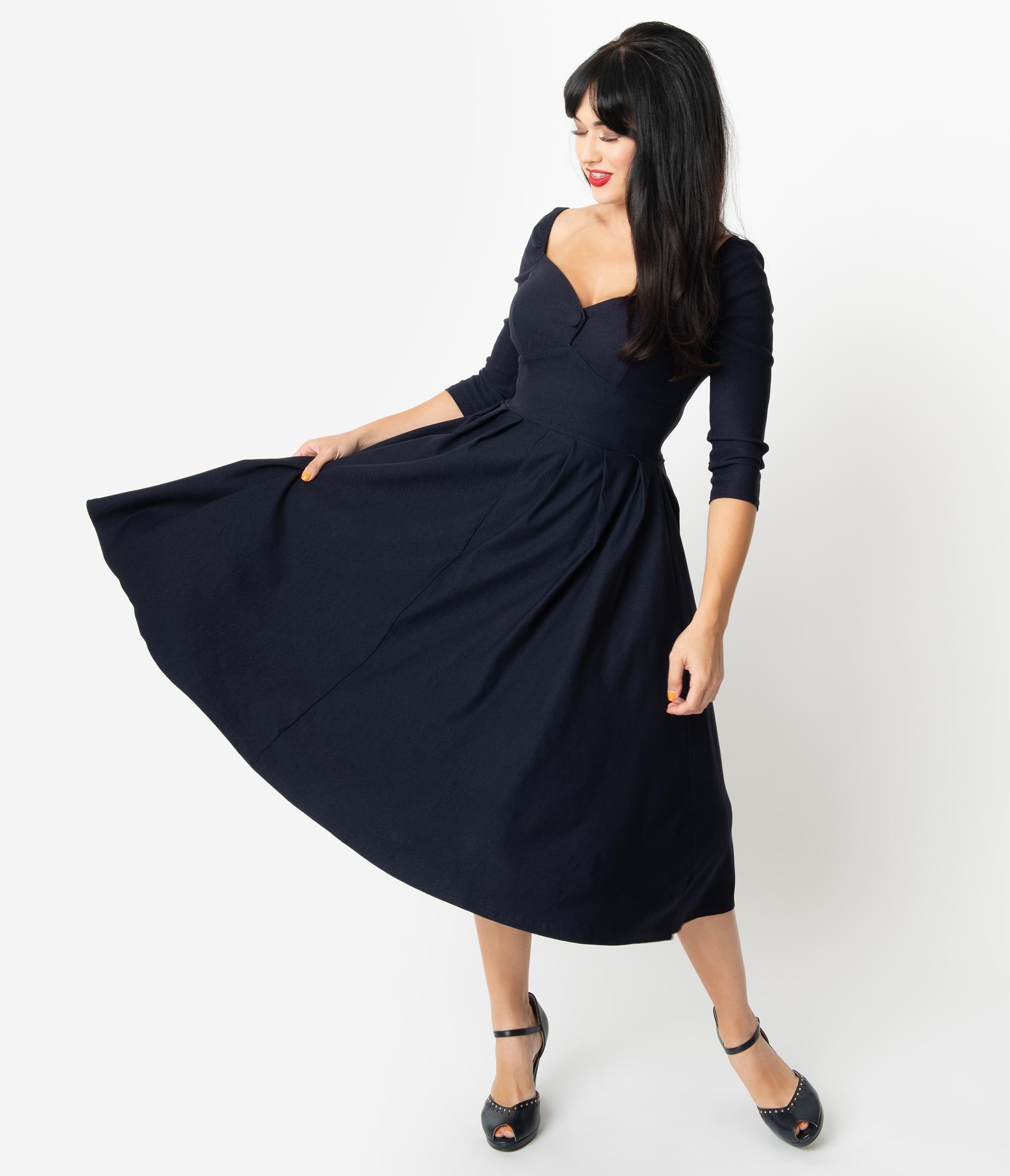 Unique Vintage 1950s Style Navy Sweetheart Lamar Swing Dress
