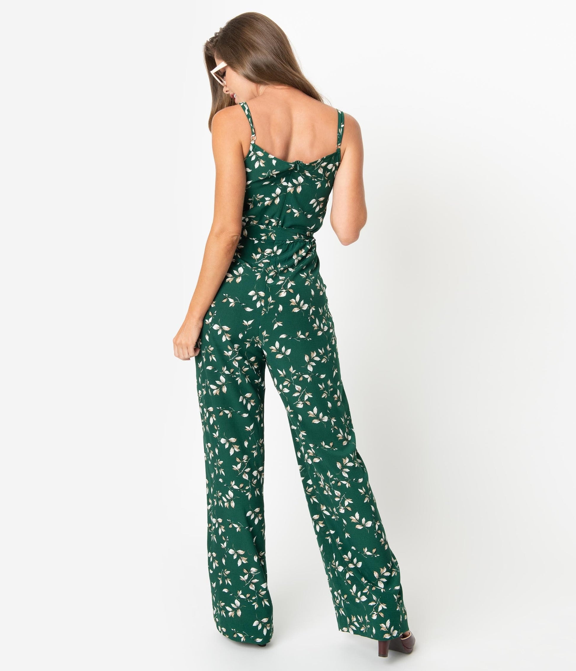 Unique Vintage Green & Ivory Floral Print Raleigh Jumpsuit
