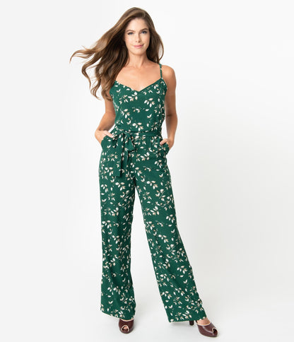 Unique Vintage Green & Ivory Floral Print Raleigh Jumpsuit