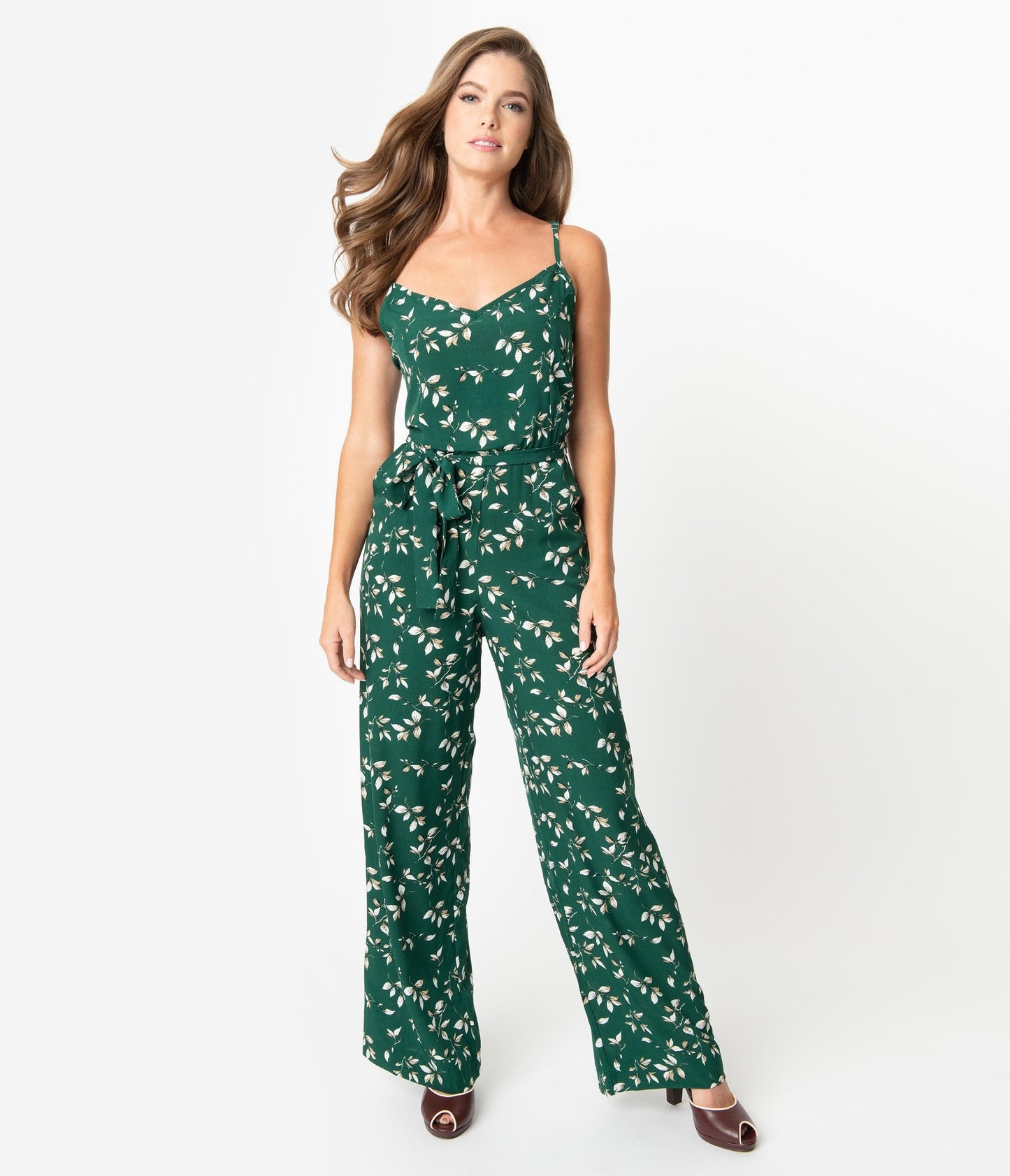 Unique Vintage Green & Ivory Floral Print Raleigh Jumpsuit