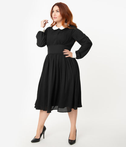 Unique Vintage Plus Size 1940s Style Black & White Deirdre Shirt Dress