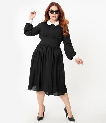 Unique Vintage Plus Size 1940s Style Black & White Deirdre Shirt Dress