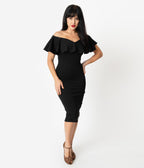 Unique Vintage Black Knit Ruffle Sophia Wiggle Dress