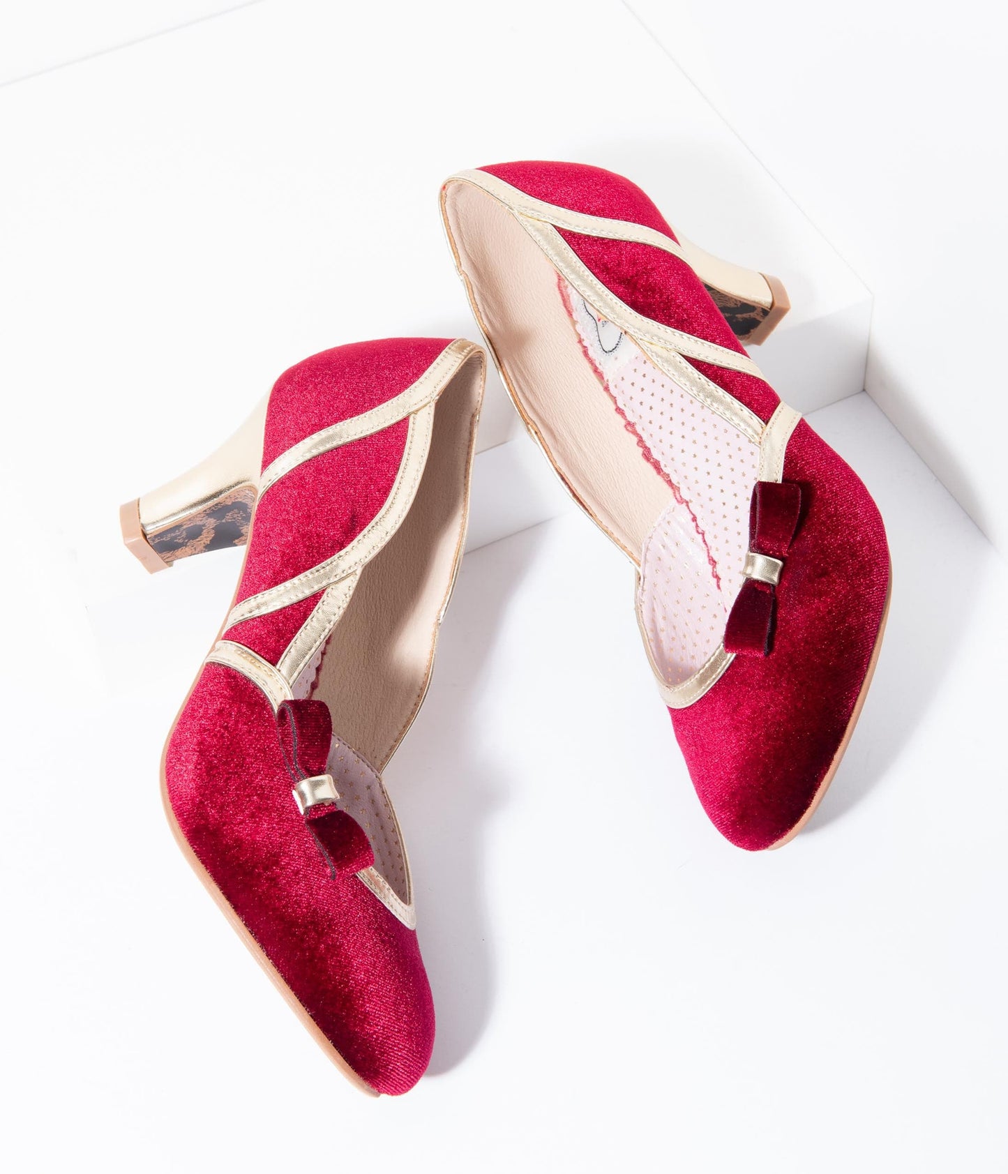Bettie Page 1950s Style Red Suede & Gold Trim Camille Heels