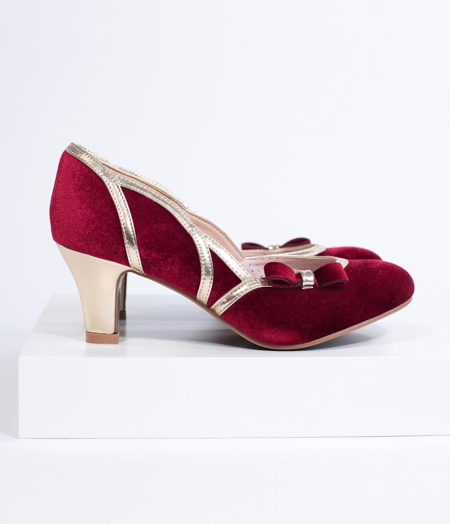 Bettie Page 1950s Style Red Suede & Gold Trim Camille Heels