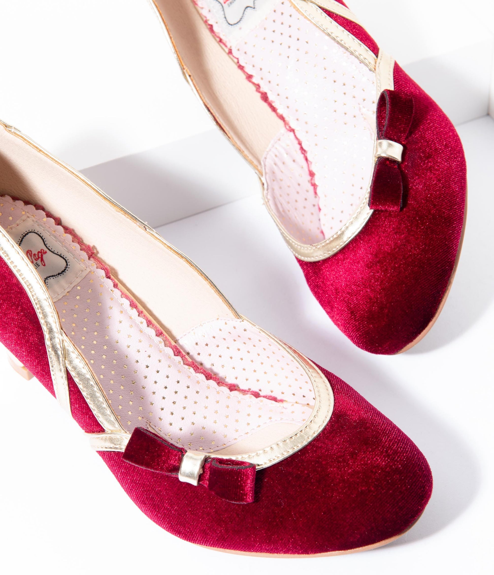 Bettie Page 1950s Style Red Suede & Gold Trim Camille Heels