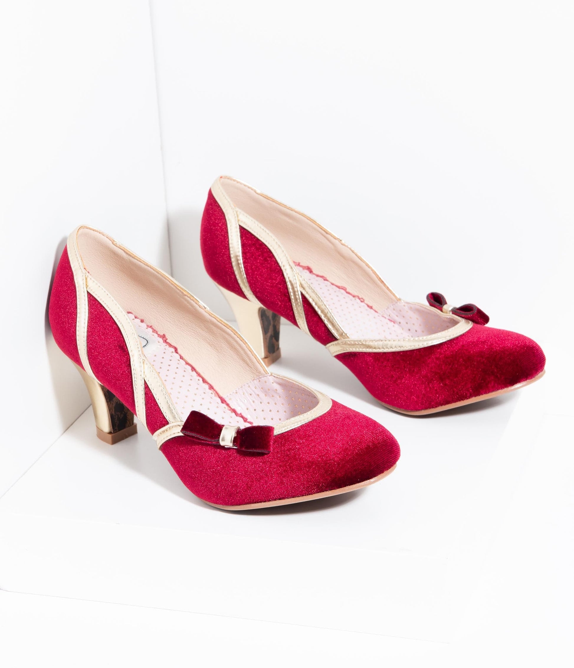 Bettie Page 1950s Style Red Suede & Gold Trim Camille Heels