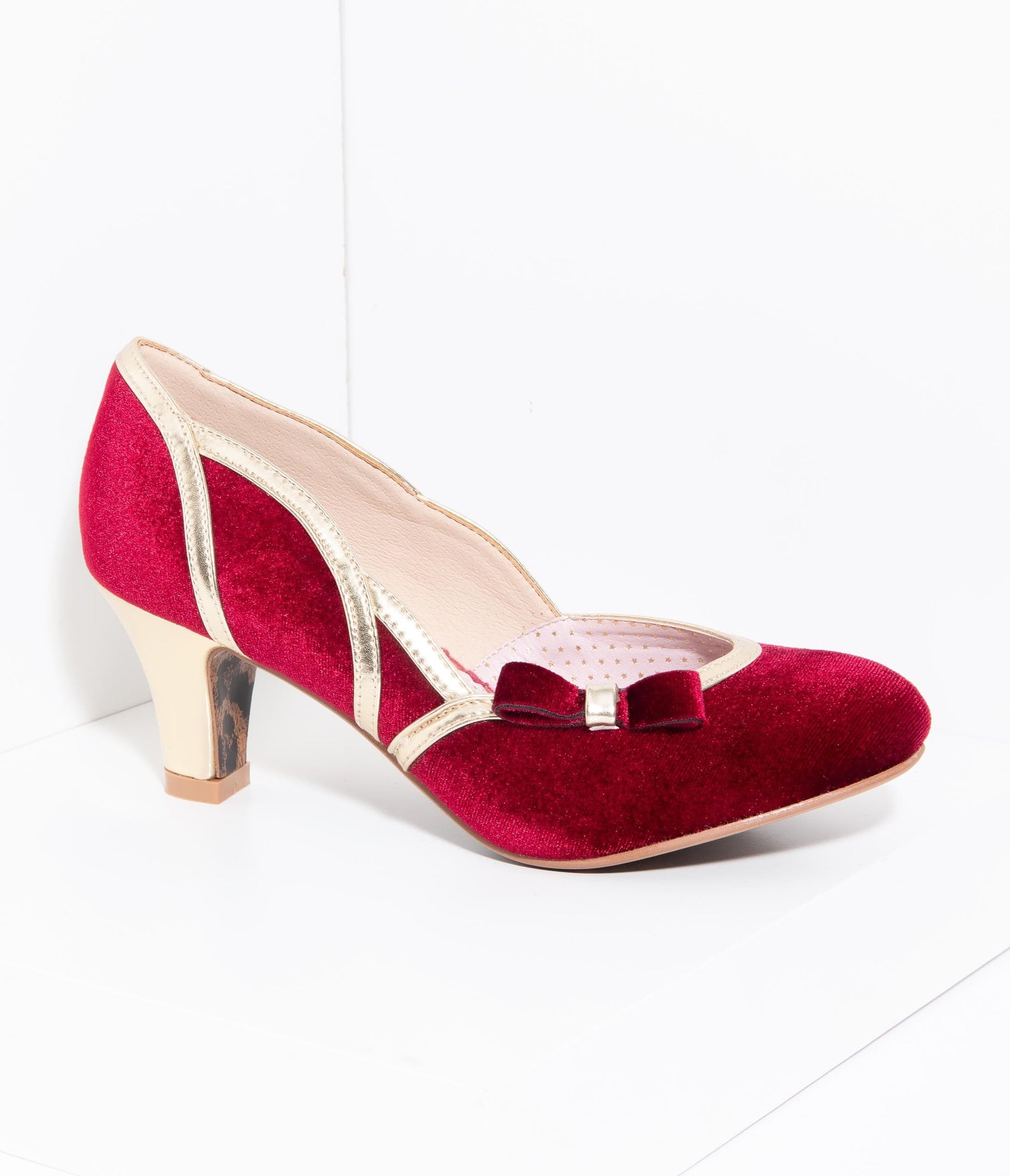 Bettie Page 1950s Style Red Suede & Gold Trim Camille Heels