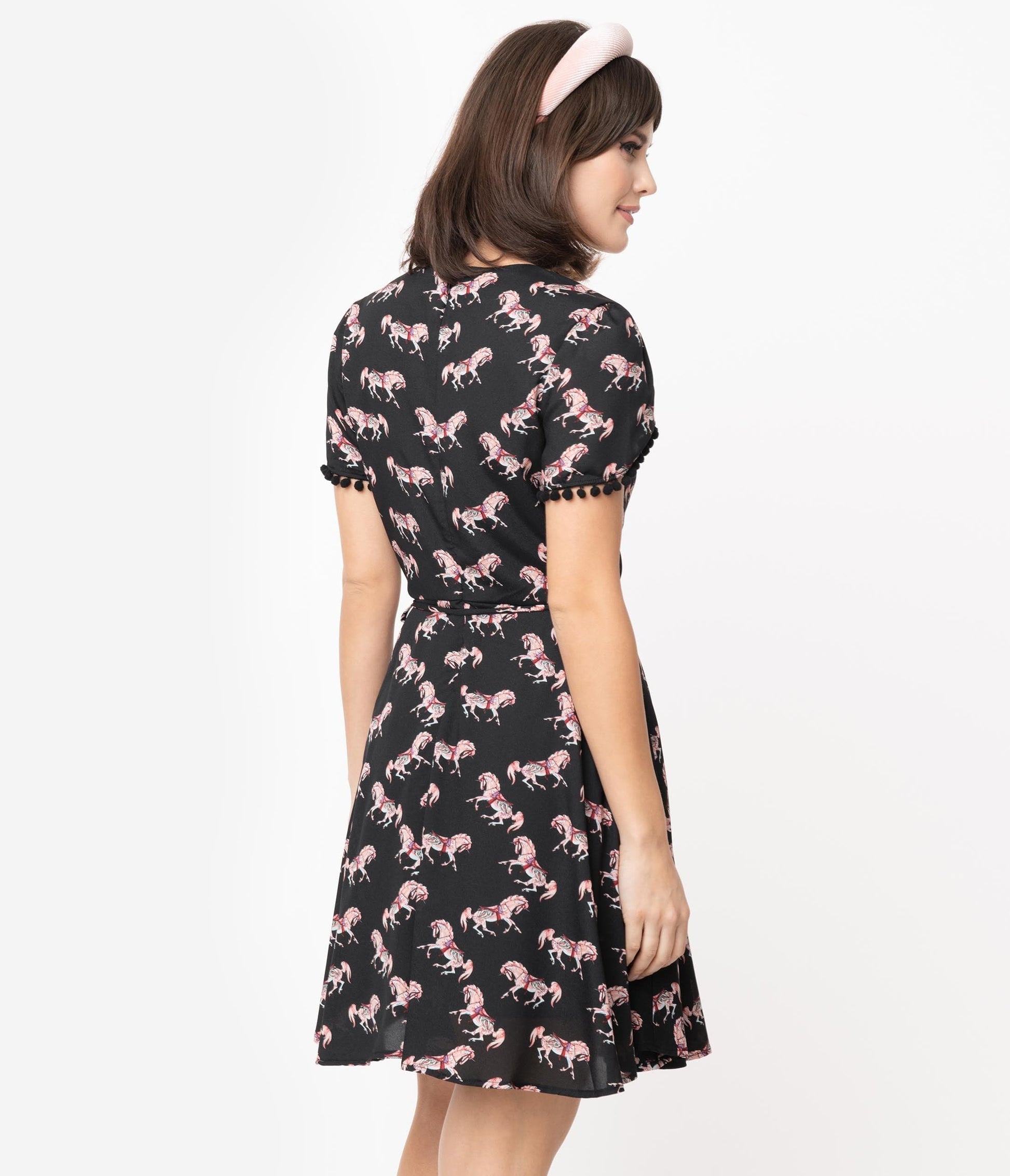 Smak Parlour Black Carousel Pony Print Pretty Woke Faux Wrap Flare Dress