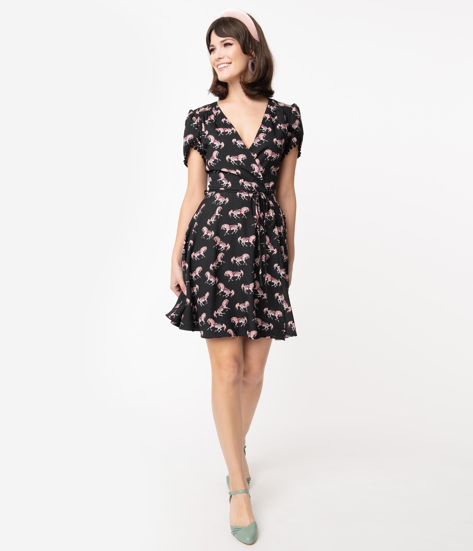 Smak Parlour Black Carousel Pony Print Pretty Woke Faux Wrap Flare Dress