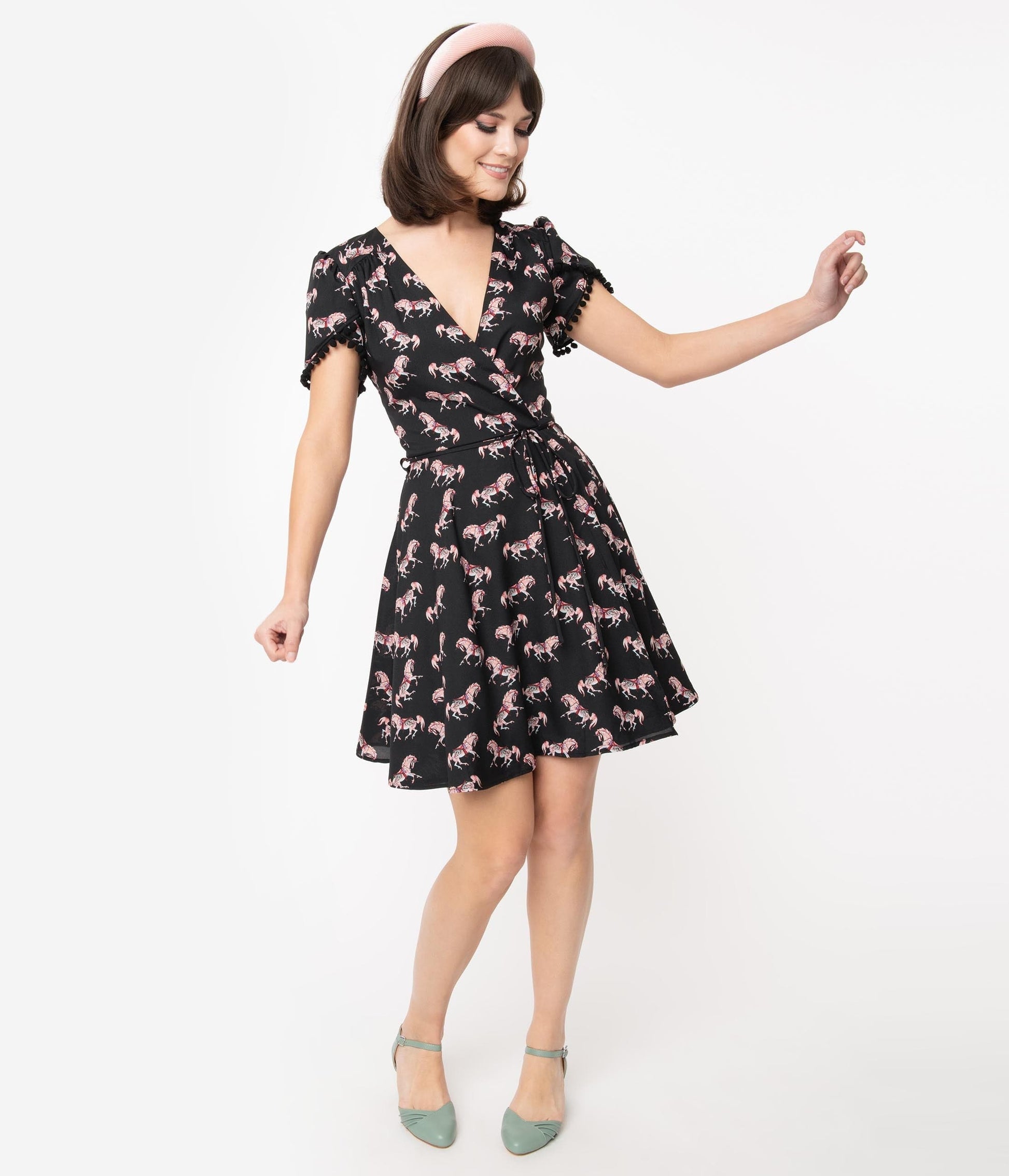 Smak Parlour Black Carousel Pony Print Pretty Woke Faux Wrap Flare Dress