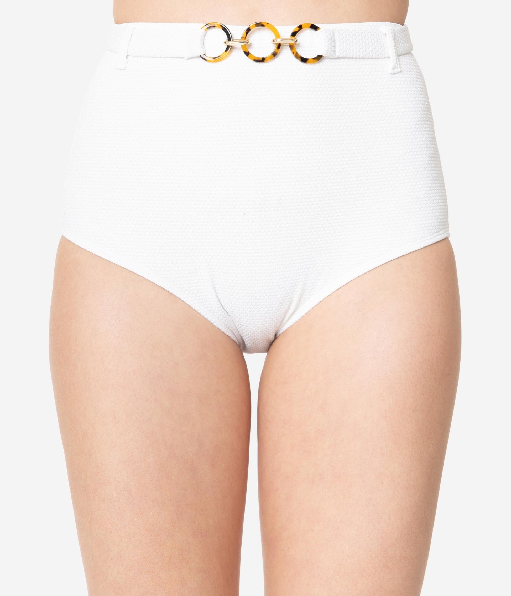 Kingdom & State 1970s White Texture Belted Swim Bottoms