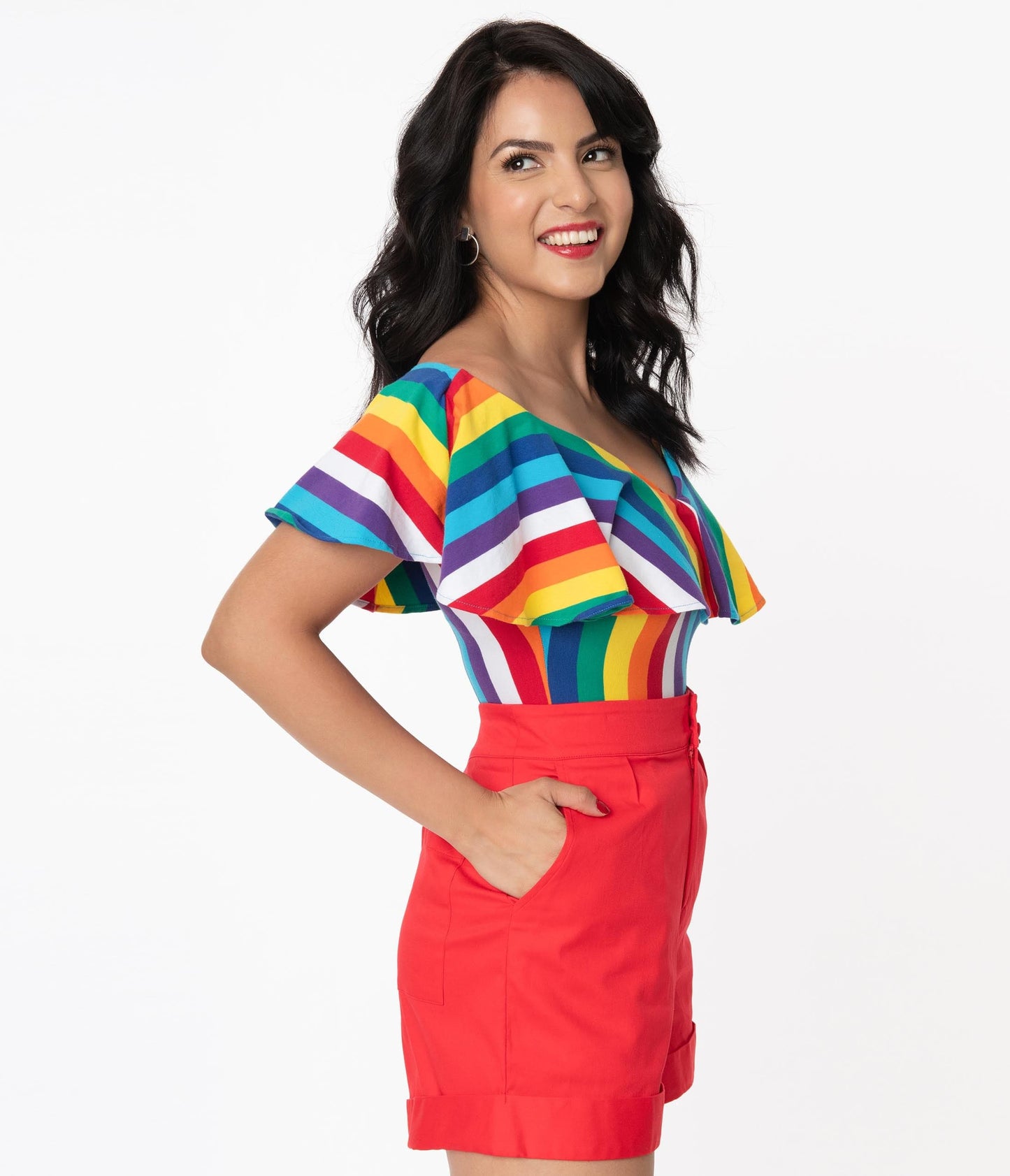 Unique Vintage 1950s Rainbow Stripe Off Shoulder Ruffle Frenchie Top