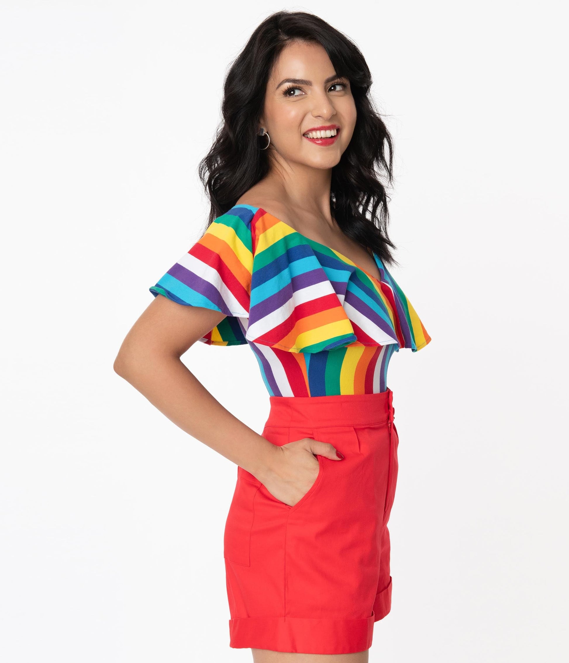 Unique Vintage 1950s Rainbow Stripe Off Shoulder Ruffle Frenchie Top