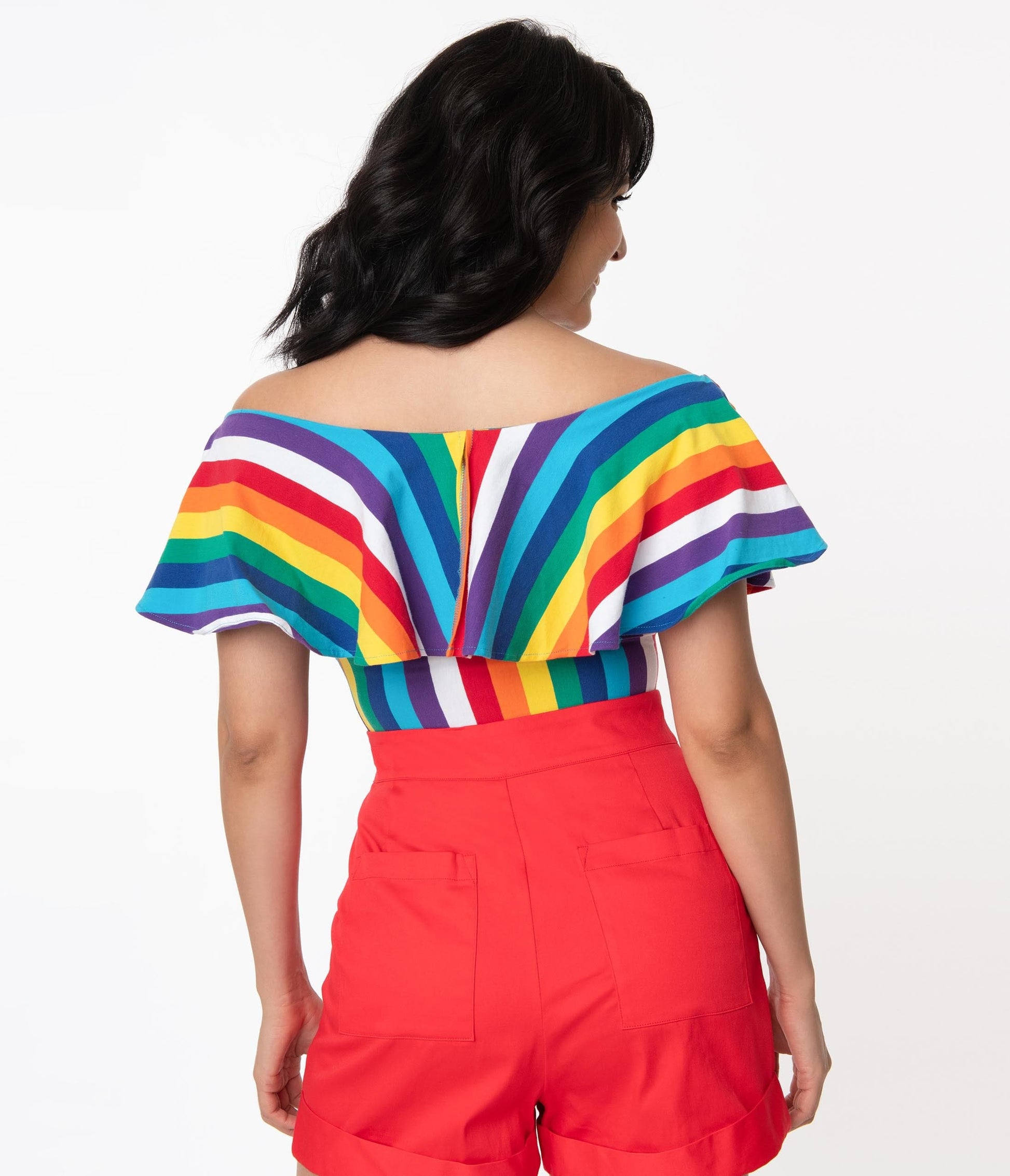 Unique Vintage 1950s Rainbow Stripe Off Shoulder Ruffle Frenchie Top
