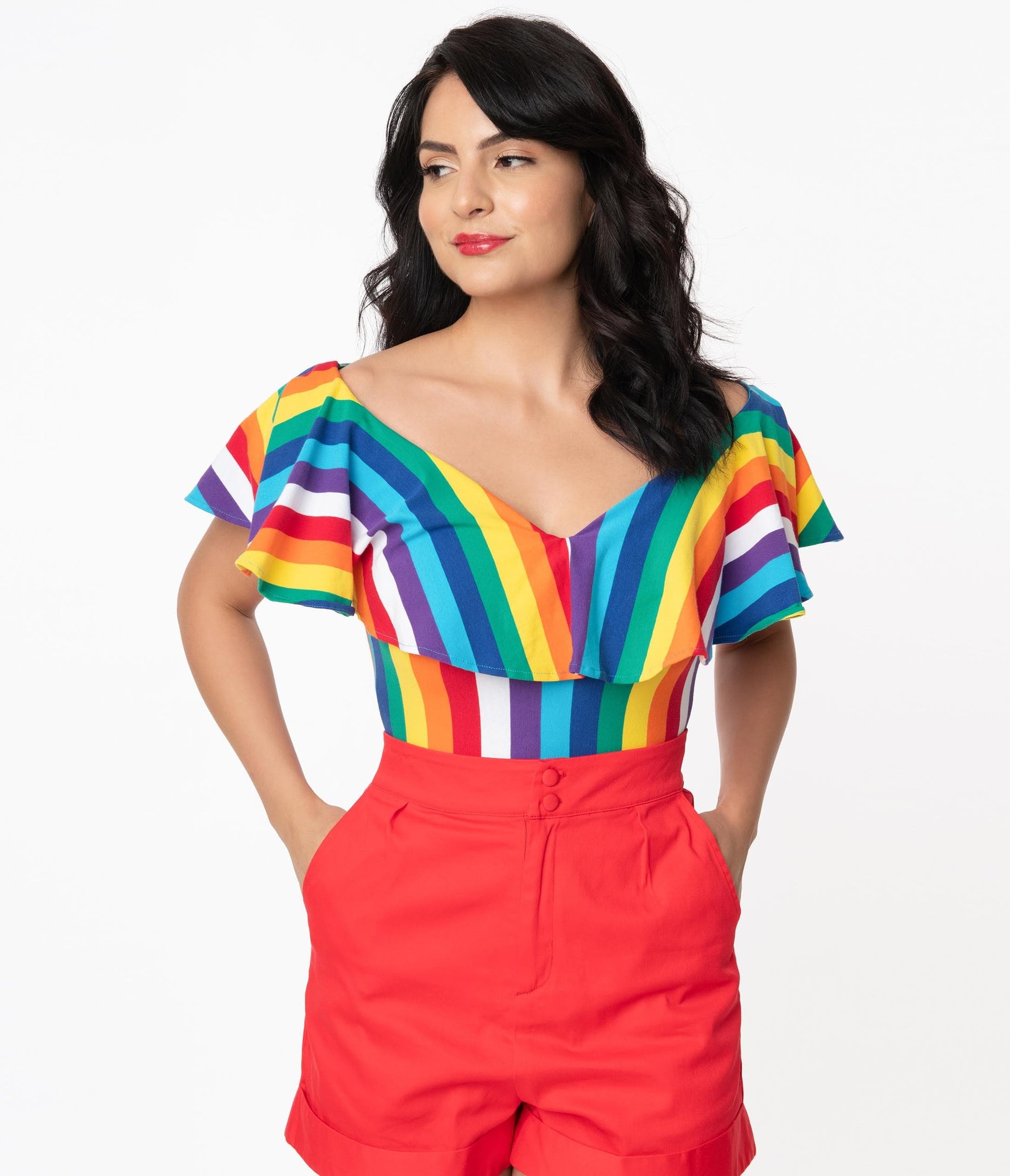 Unique Vintage 1950s Rainbow Stripe Off Shoulder Ruffle Frenchie Top