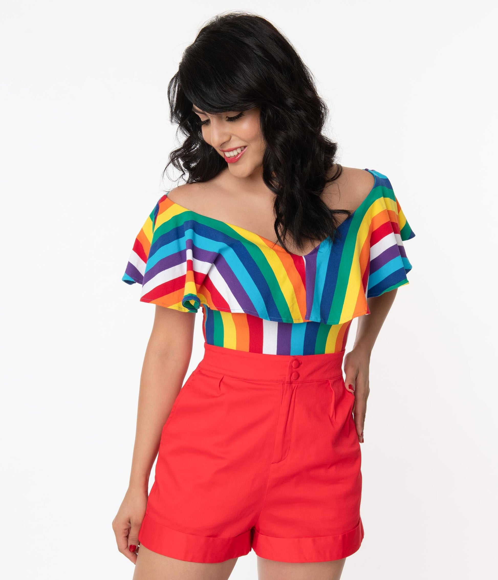 Unique Vintage 1950s Rainbow Stripe Off Shoulder Ruffle Frenchie Top