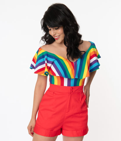 Unique Vintage 1950s Rainbow Stripe Off Shoulder Ruffle Frenchie Top