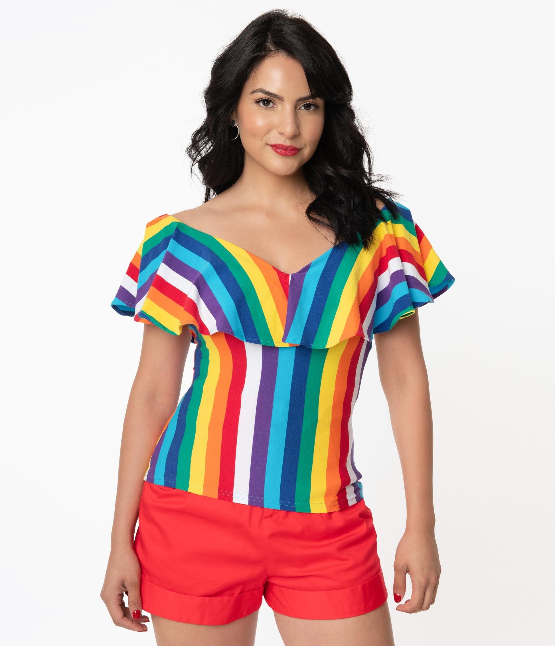 Unique Vintage 1950s Rainbow Stripe Off Shoulder Ruffle Frenchie Top