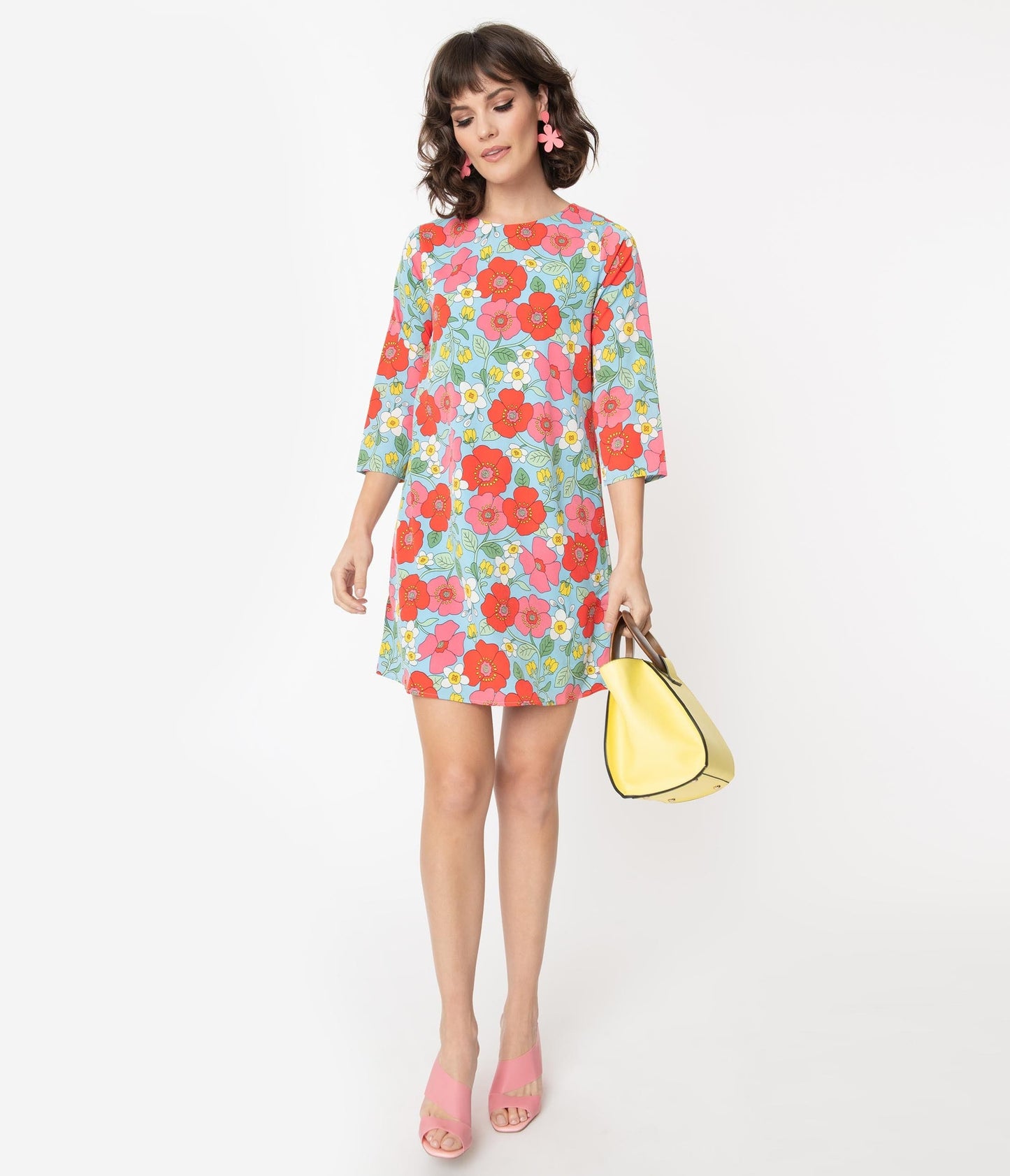 1960s Light Blue & Pink Retro Floral Shift Dress