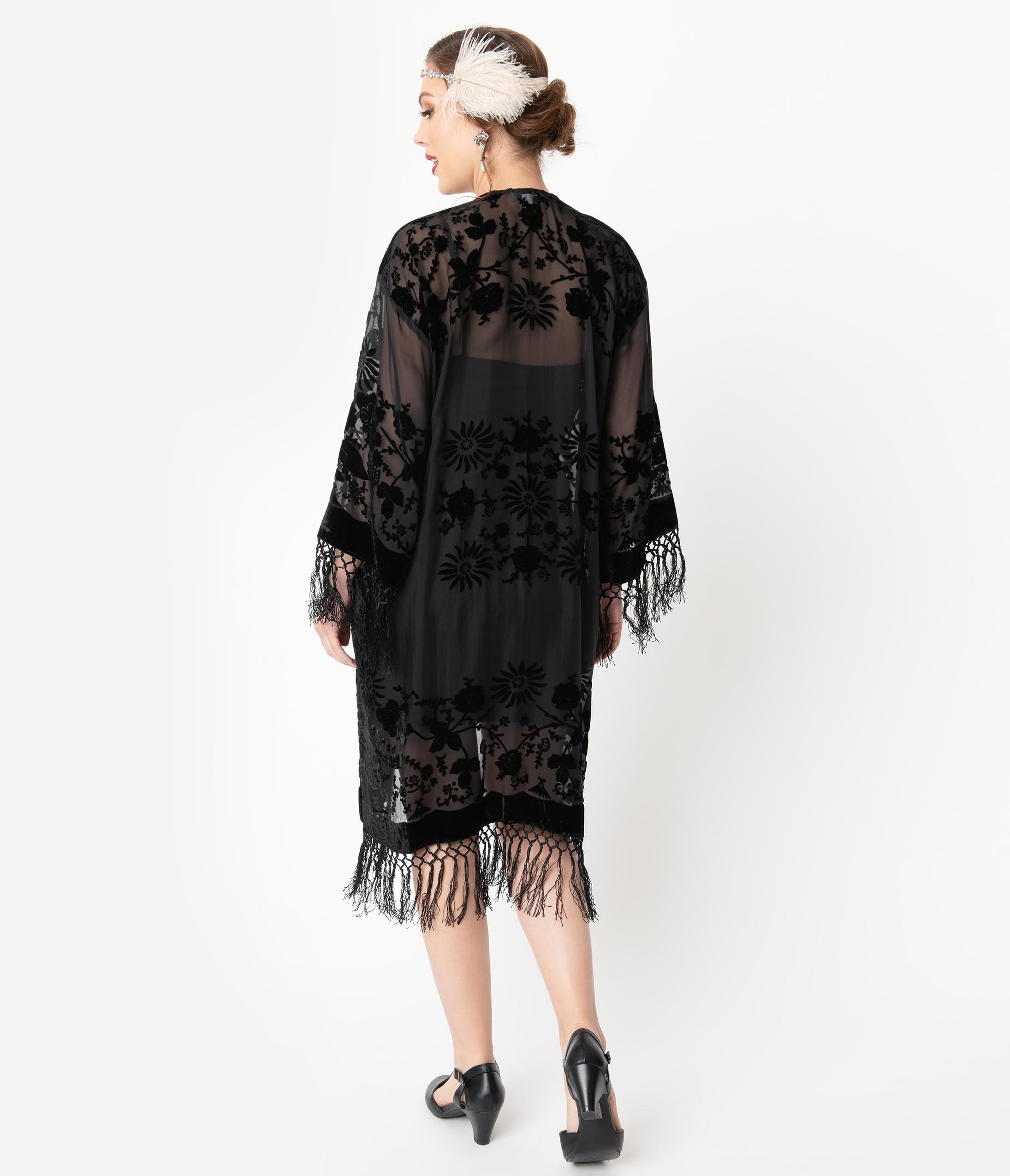 1920s Style Black Devore Velvet Fringe Long Flapper Coat
