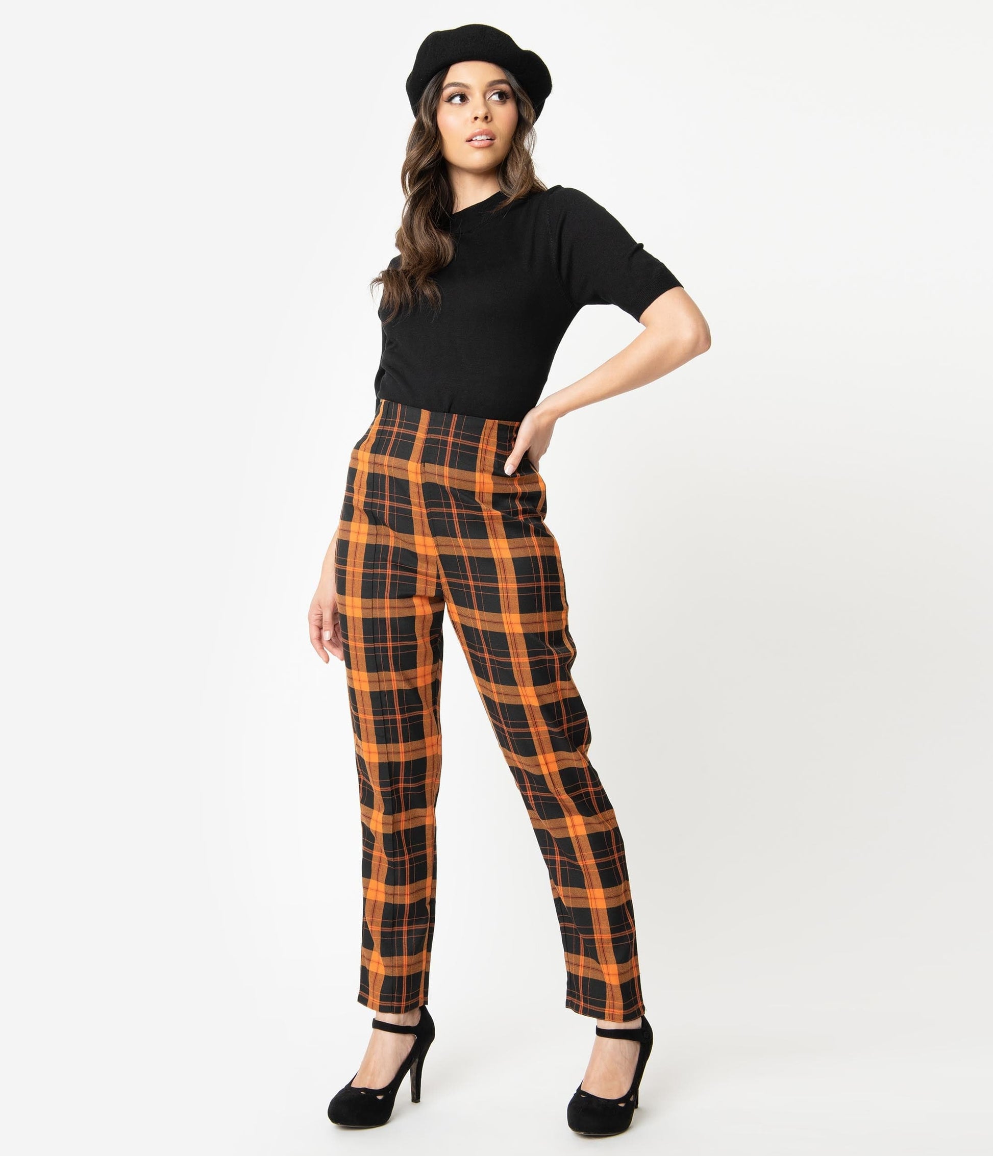 Collectif Orange & Black Pumpkin Plaid Bonnie High Waist Pants