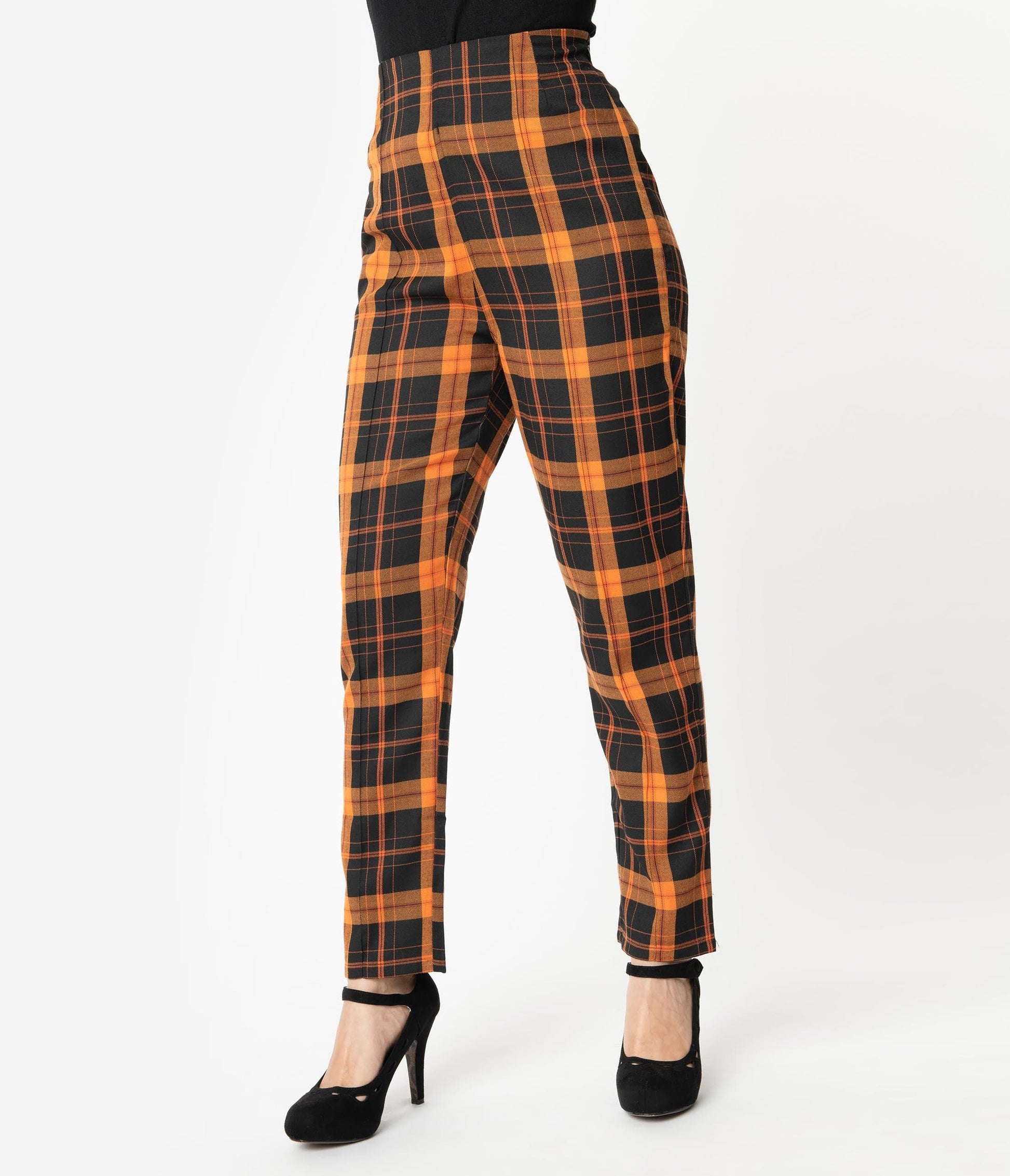 Collectif Orange & Black Pumpkin Plaid Bonnie High Waist Pants