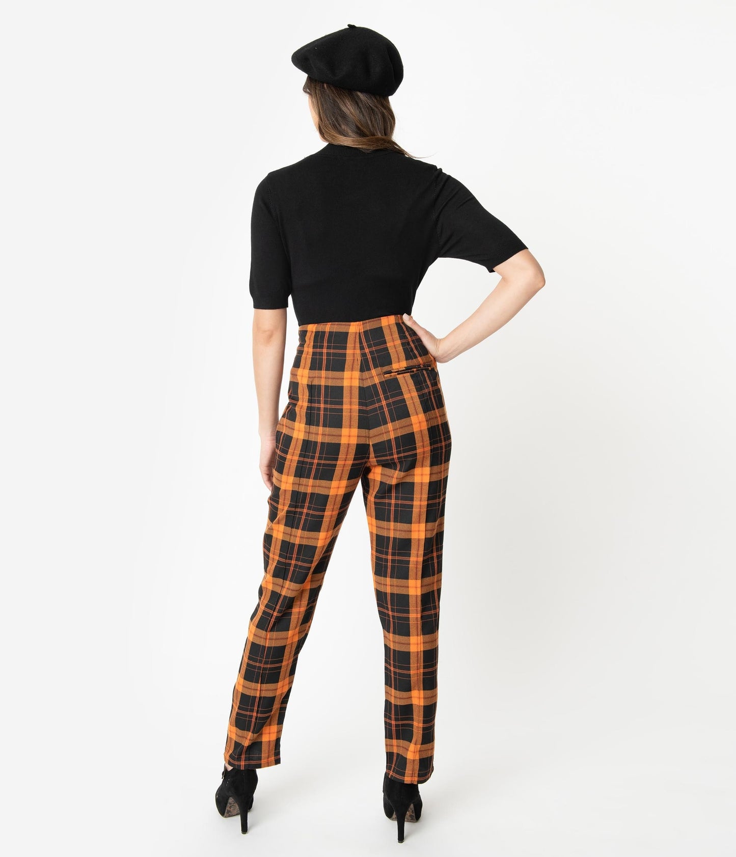 Collectif Orange & Black Pumpkin Plaid Bonnie High Waist Pants