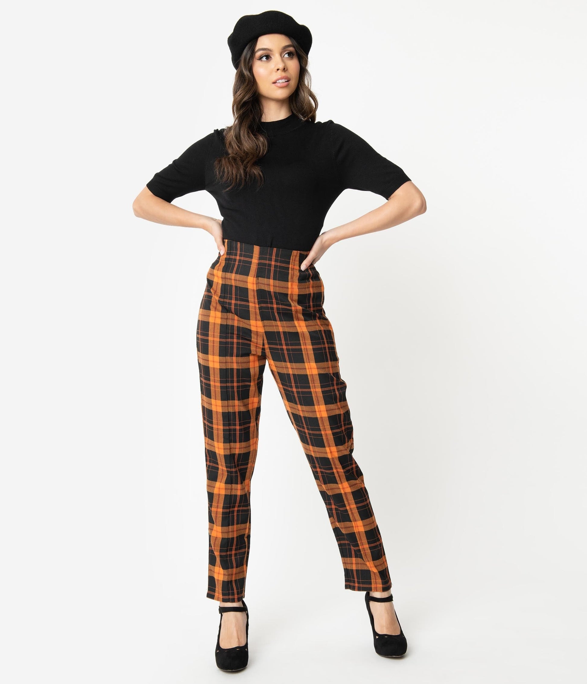 Collectif Orange & Black Pumpkin Plaid Bonnie High Waist Pants