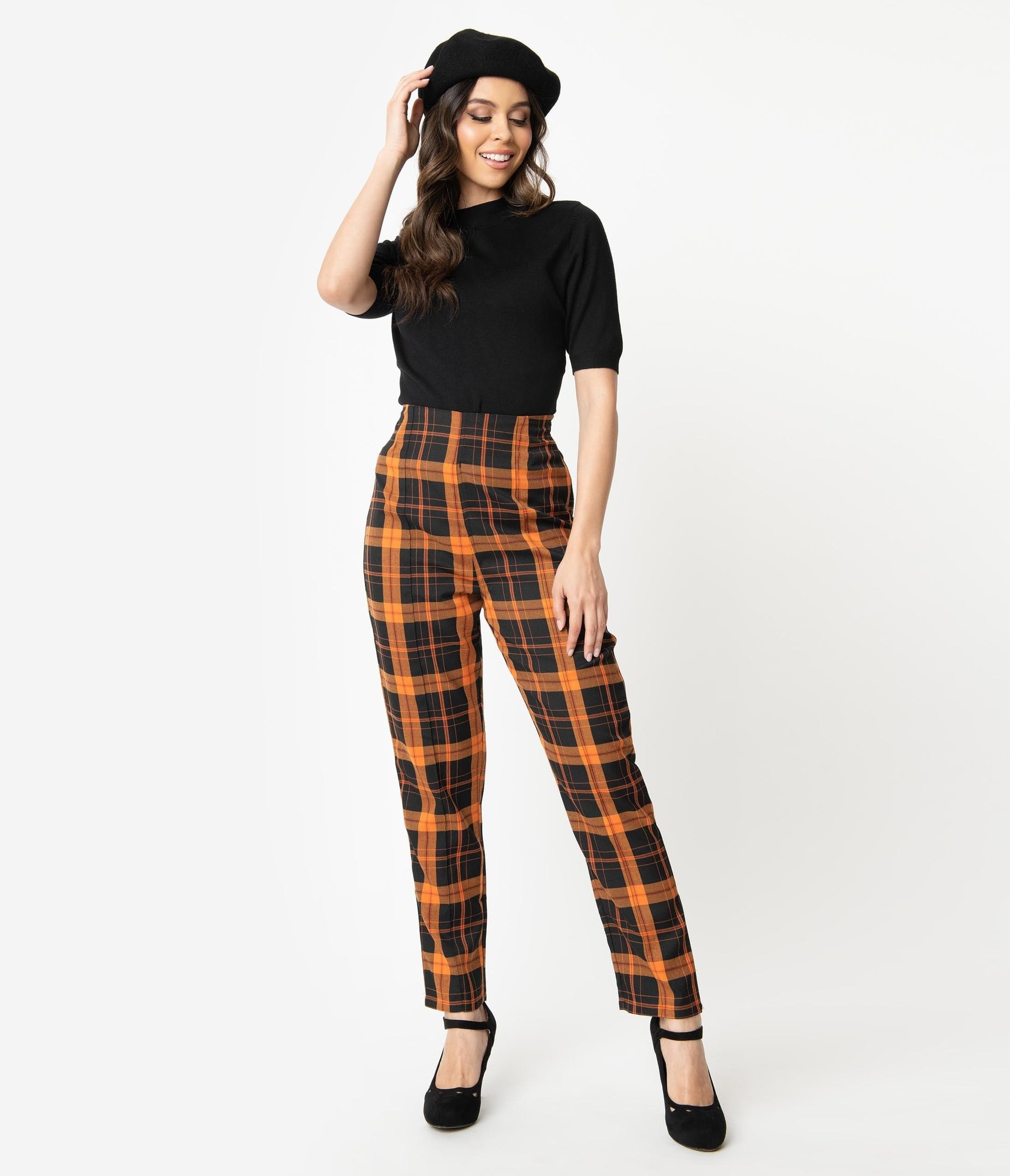 Collectif Orange & Black Pumpkin Plaid Bonnie High Waist Pants