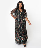 Plus Size Black & Multicolor Floral Embroidered Elegance Evening Gown