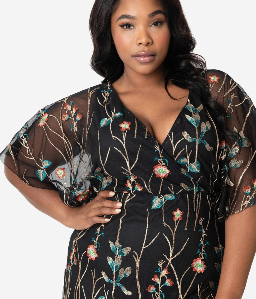 Plus Size Black & Multicolor Floral Embroidered Elegance Evening Gown