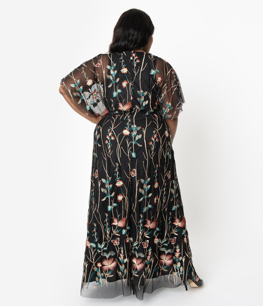 Plus Size Black & Multicolor Floral Embroidered Elegance Evening Gown