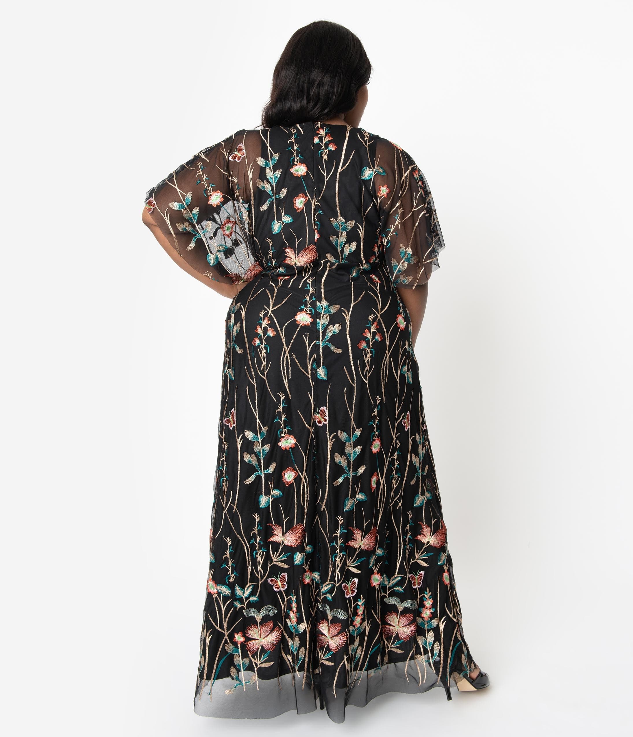 Plus Size Black & Multicolor Floral Embroidered Elegance Evening Gown