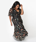 Plus Size Black & Multicolor Floral Embroidered Elegance Evening Gown