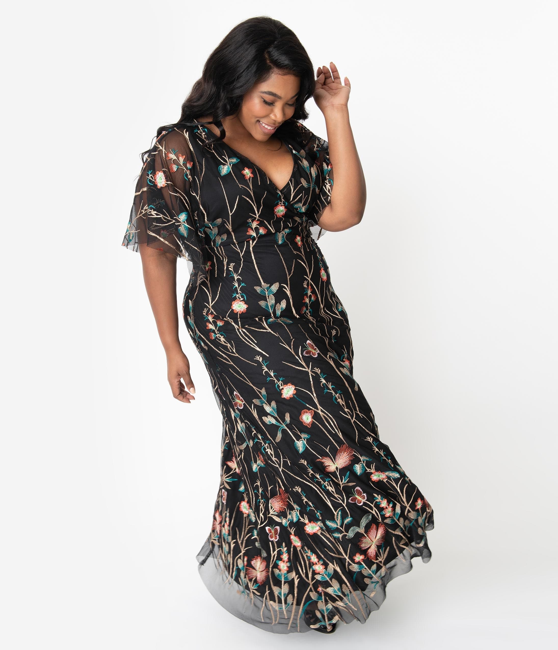 Plus Size Black & Multicolor Floral Embroidered Elegance Evening Gown