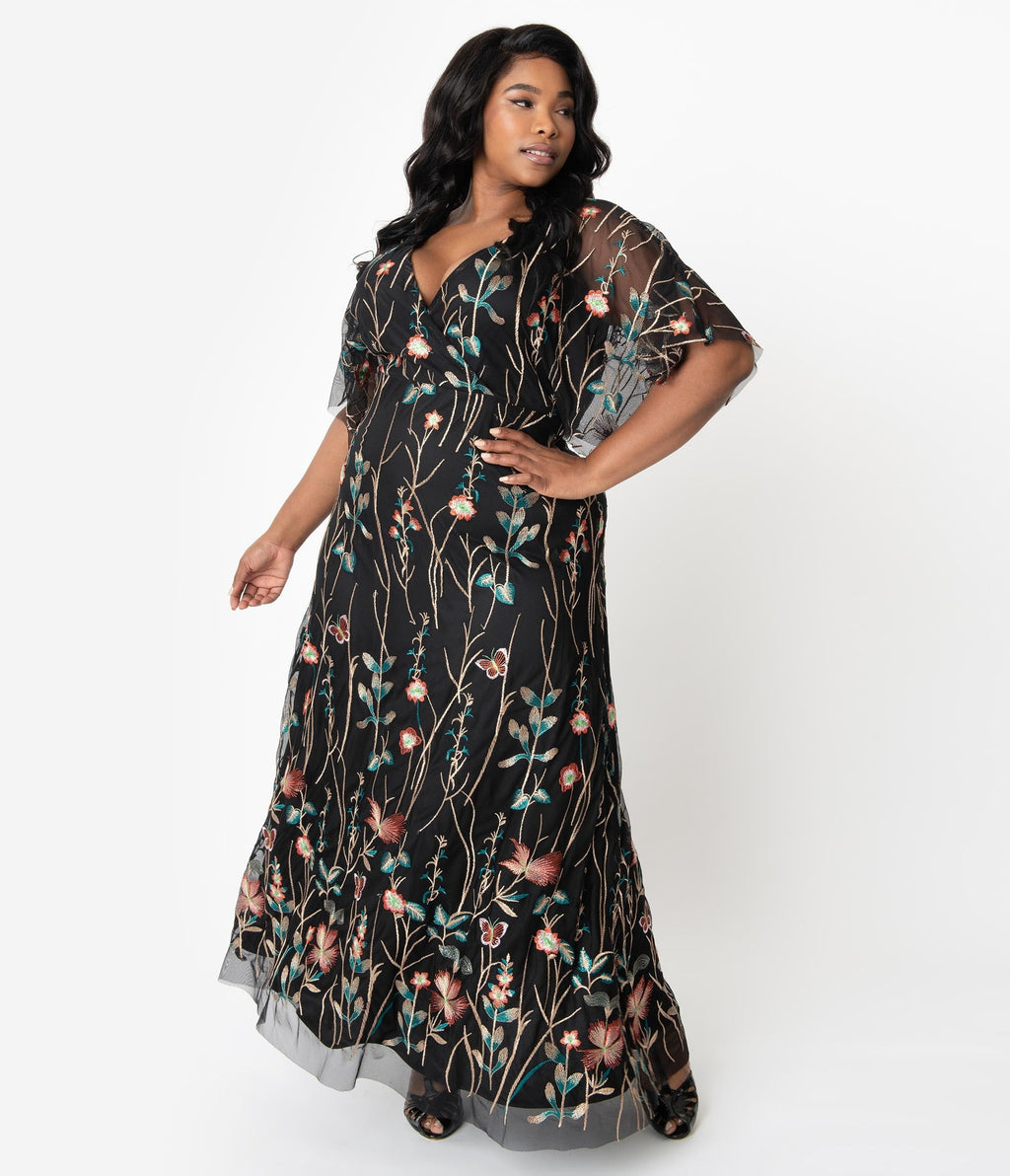 Plus Size Black & Multicolor Floral Embroidered Elegance Evening Gown