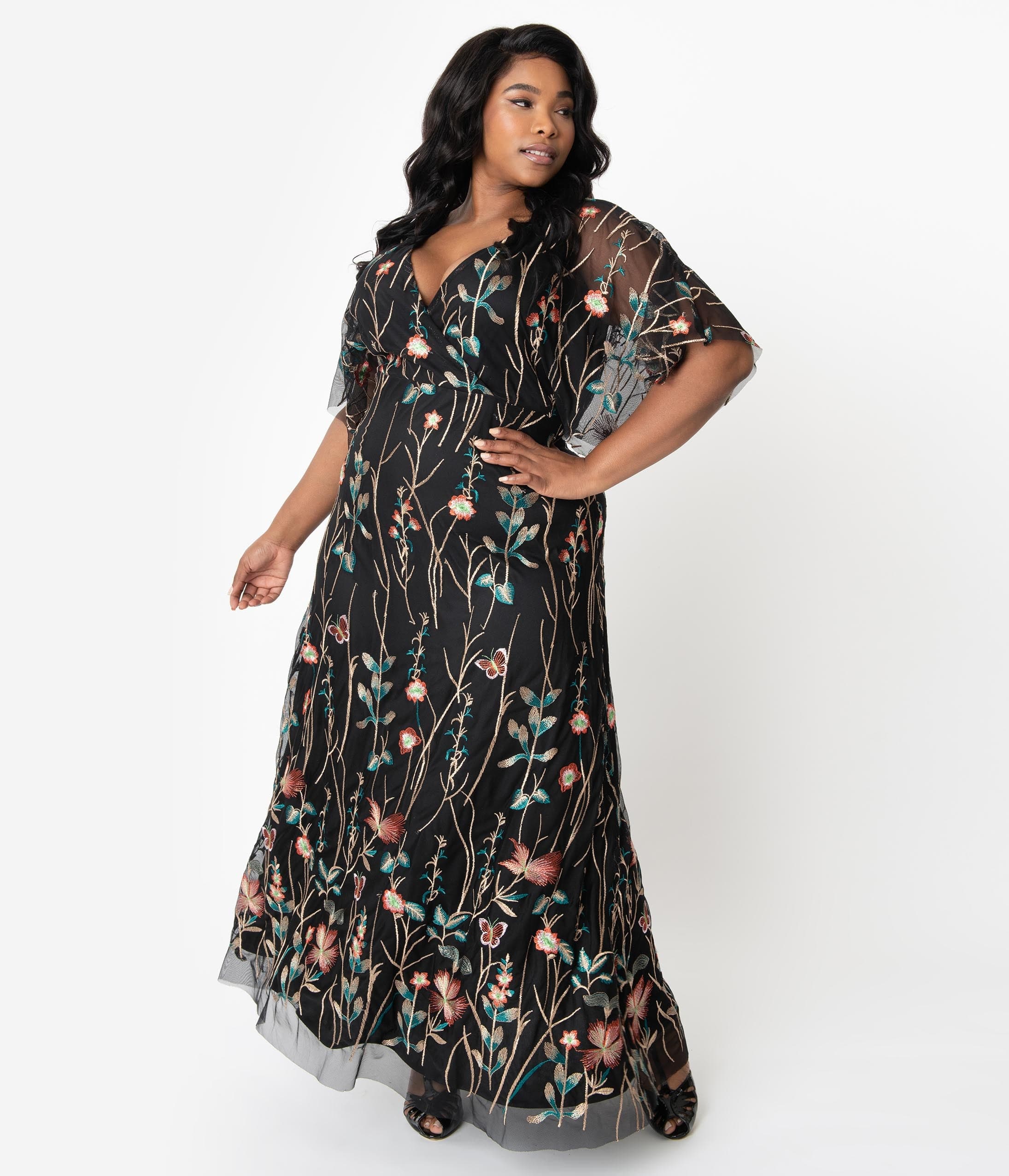 Plus Size Black & Multicolor Floral Embroidered Elegance Evening Gown