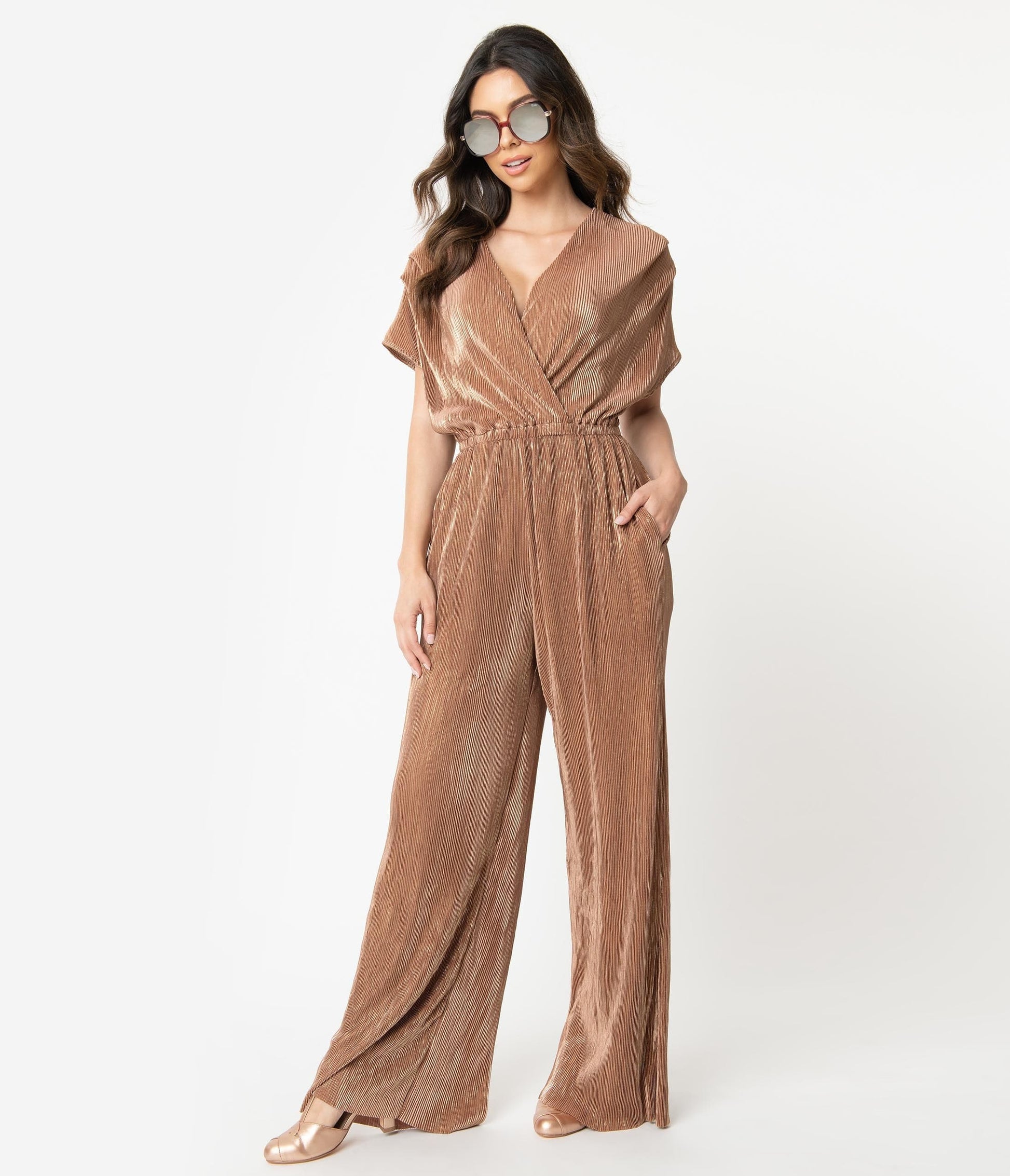 1970s Style Bronze Shimmer Ribbed Wide Leg Jumpsuit