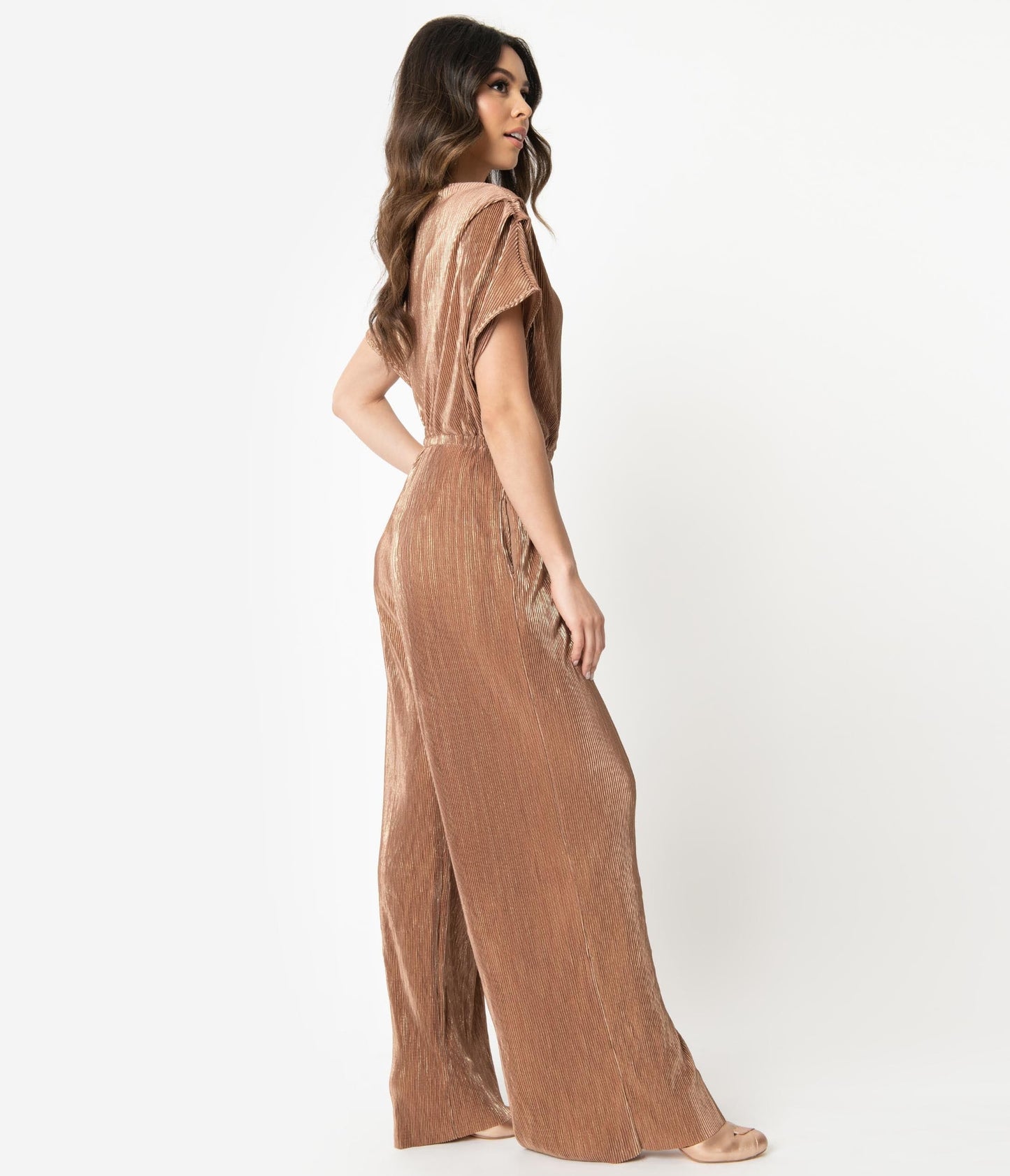 1970s Style Bronze Shimmer Ribbed Wide Leg Jumpsuit