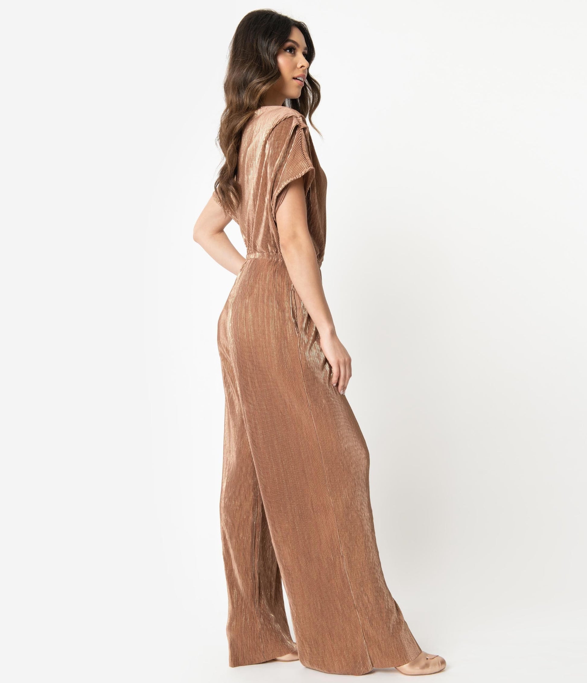 1970s Style Bronze Shimmer Ribbed Wide Leg Jumpsuit