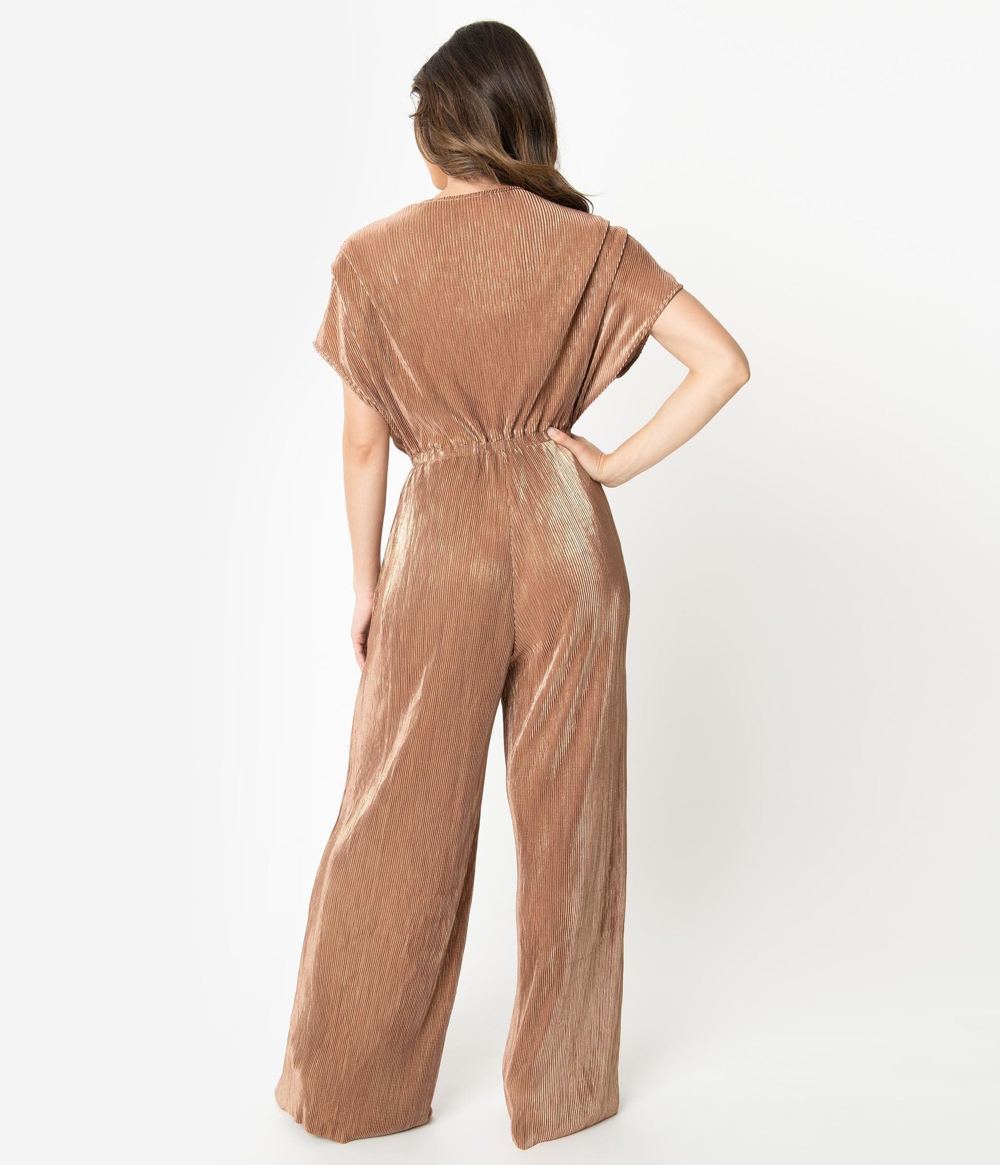 1970s Style Bronze Shimmer Ribbed Wide Leg Jumpsuit
