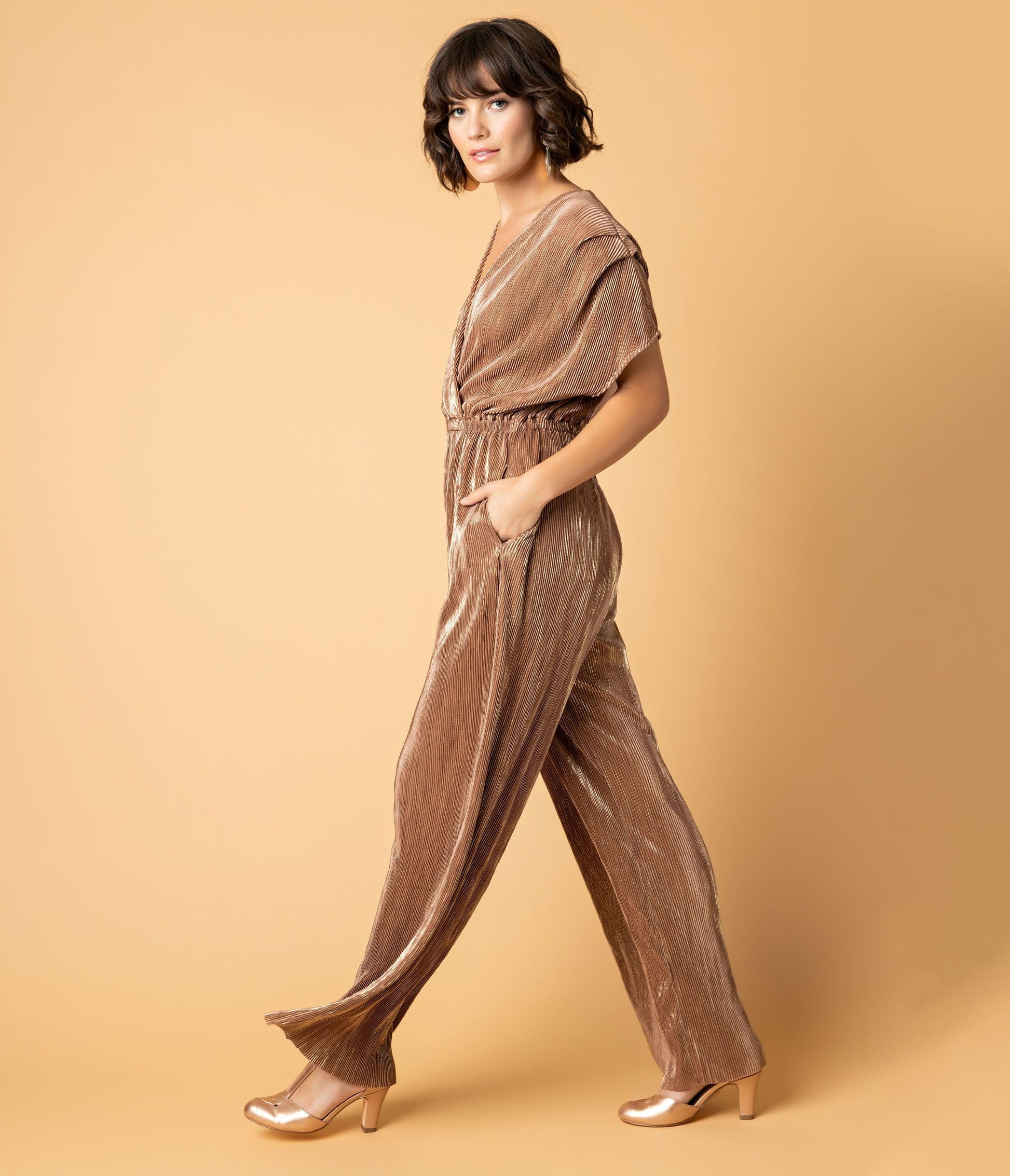 1970s Style Bronze Shimmer Ribbed Wide Leg Jumpsuit