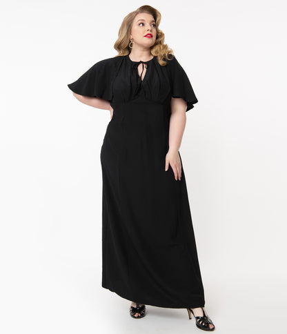 Unique Vintage Plus Size Black Addams Caplette Gown