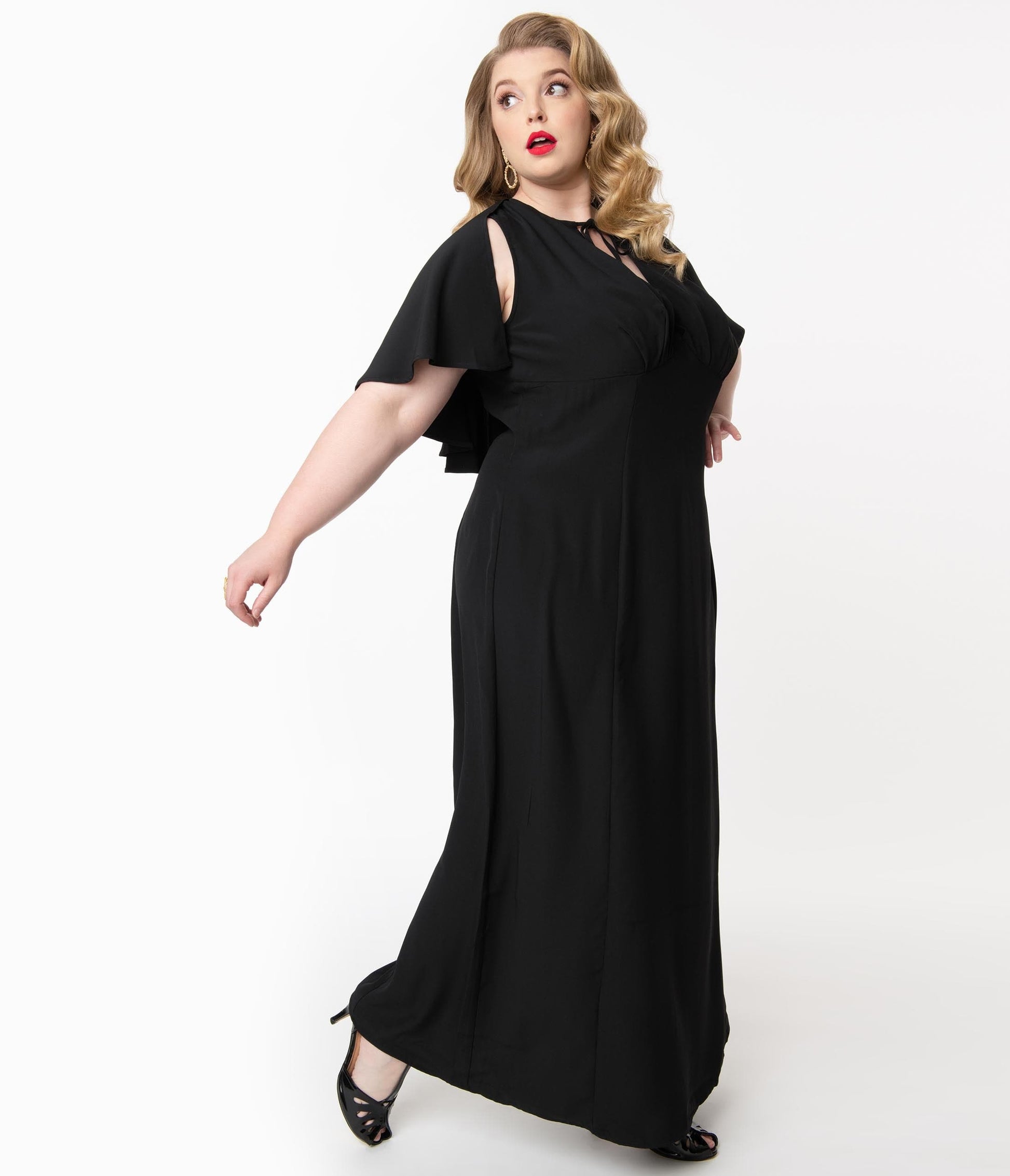 Unique Vintage Plus Size Black Addams Caplette Gown