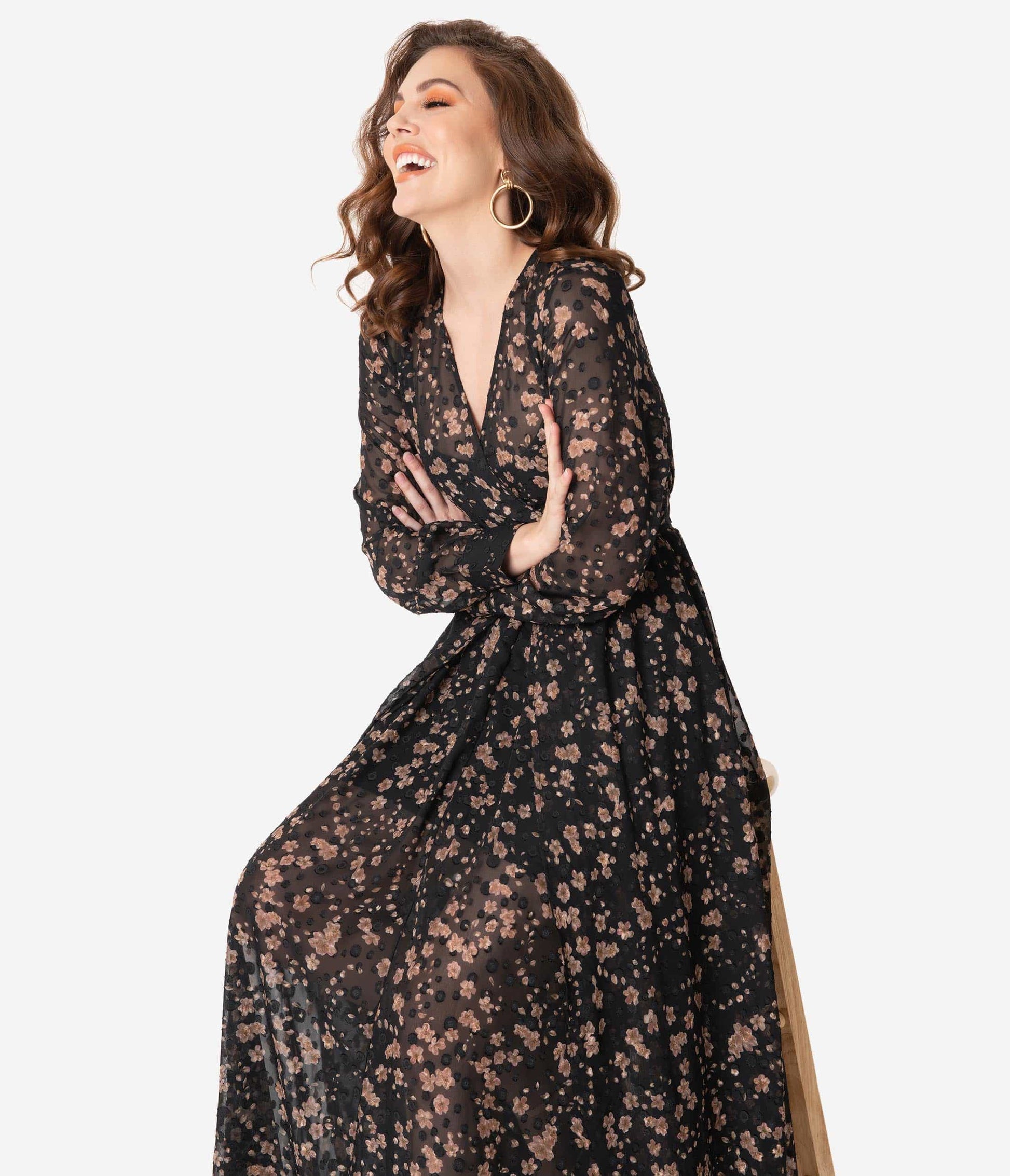 Unique Vintage Black & Pink Floral Farrah Maxi Dress