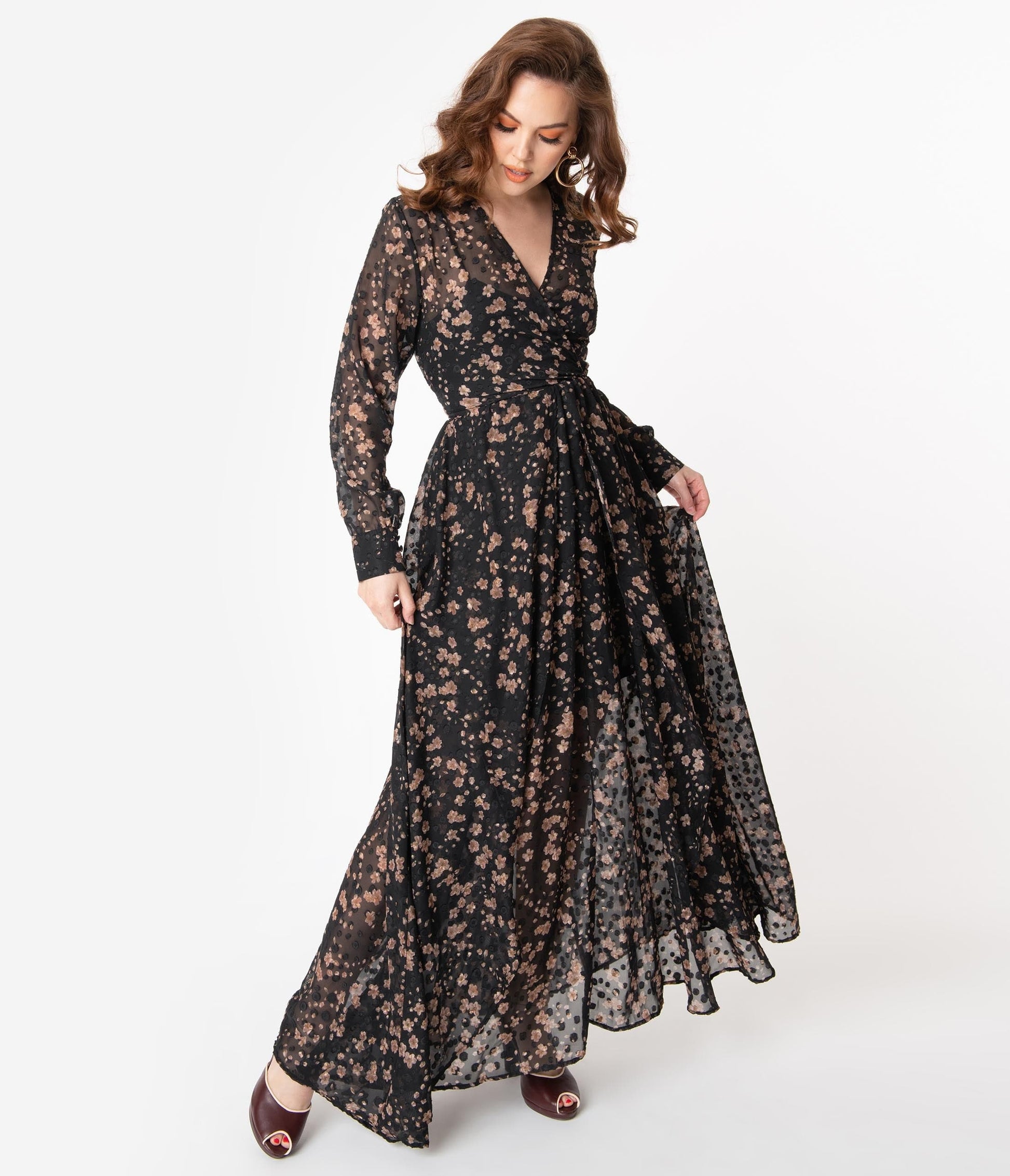 Unique Vintage Black & Pink Floral Farrah Maxi Dress