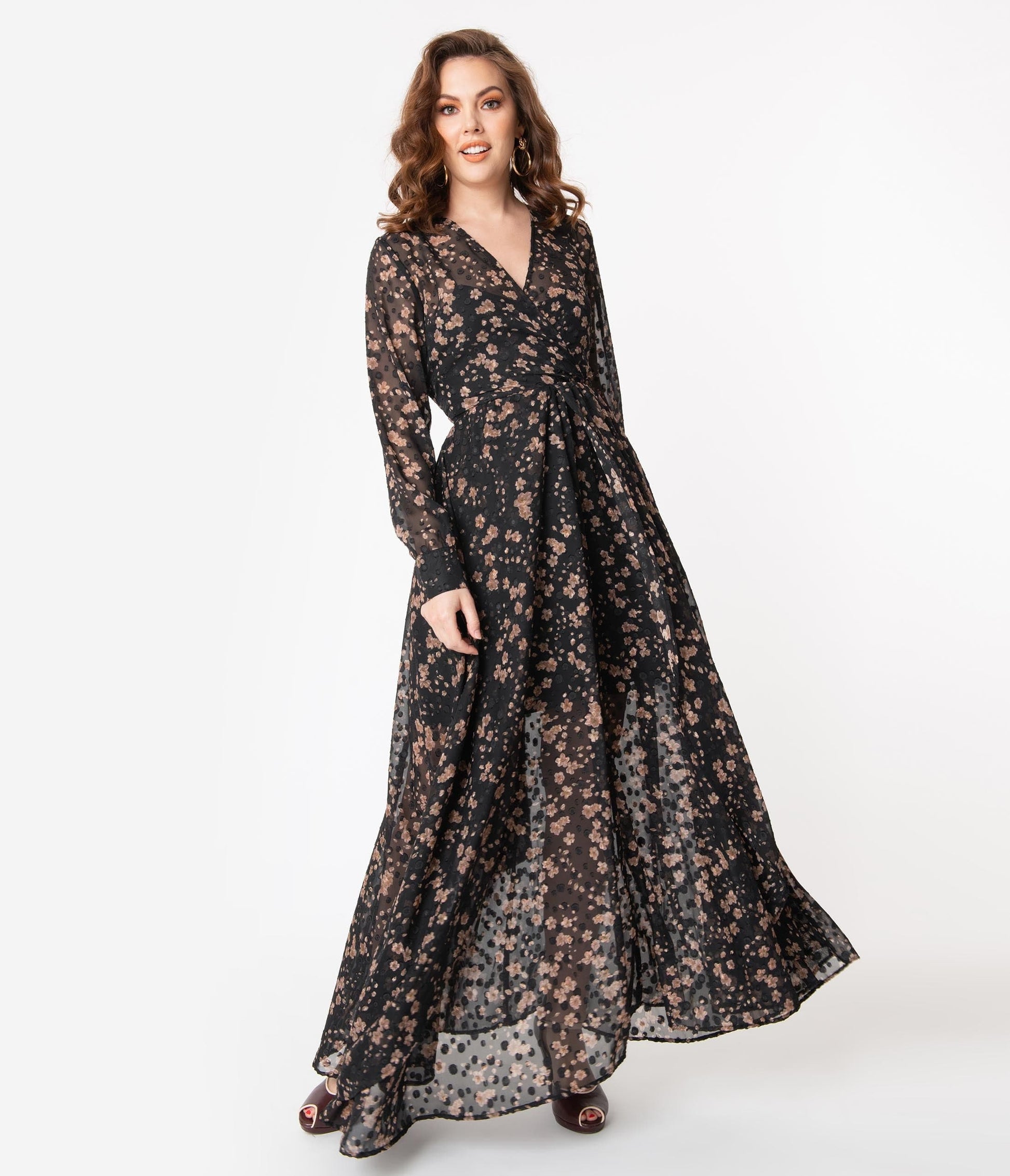 Unique Vintage Black & Pink Floral Farrah Maxi Dress
